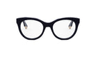 A pair of black cat-eye framed glasses with gold accents.