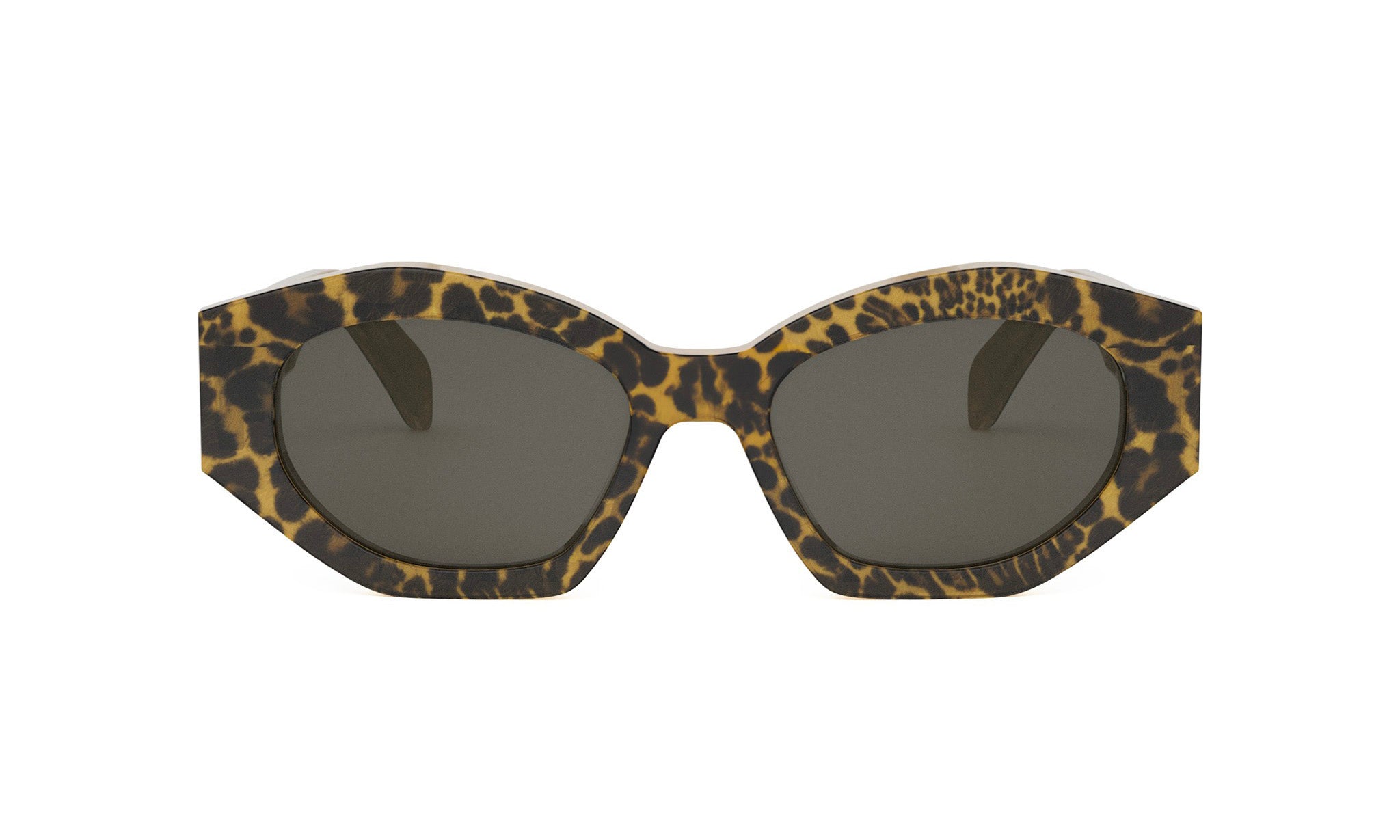 A pair of stylish sunglasses with a leopard print frame and dark lenses.