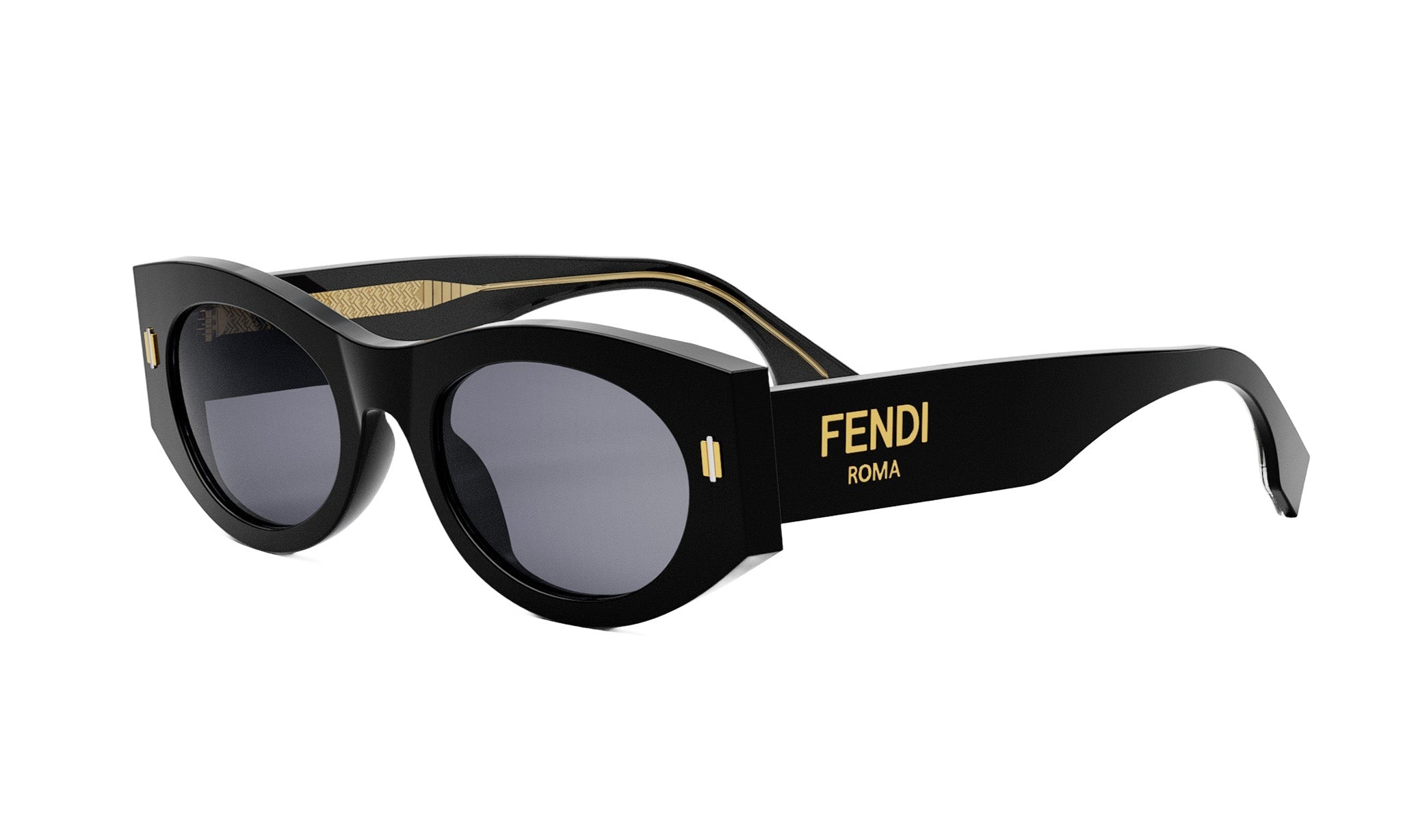 A pair of black Fendi sunglasses with gold accents.