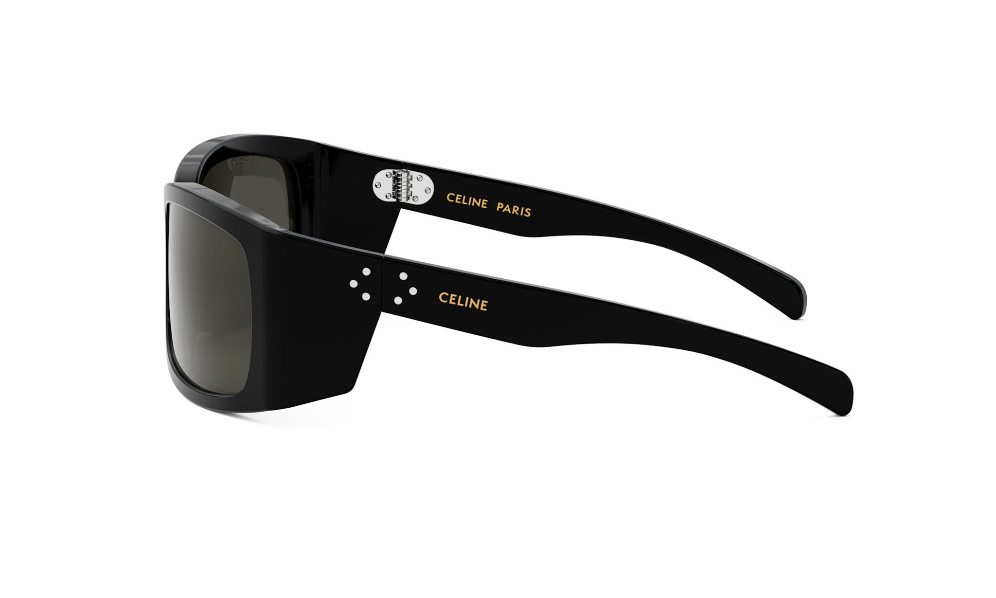 A pair of black sunglasses with the Celine logo on the frame.