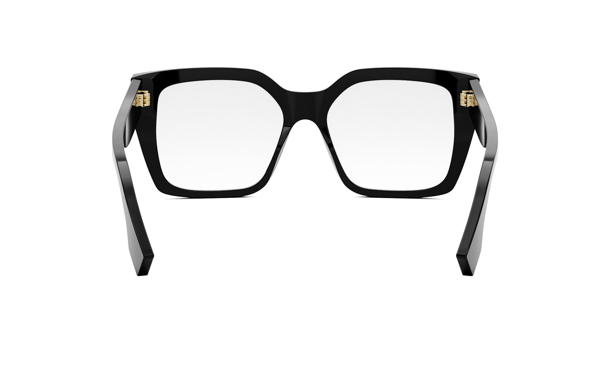 A pair of black-framed glasses with gold-colored temples, positioned facing forward against a white background.