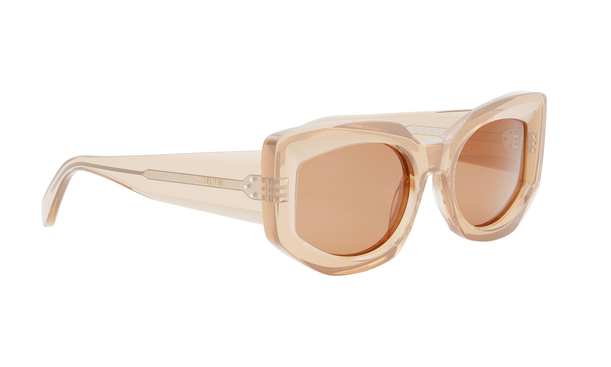 A pair of beige-colored sunglasses with a distinctive, angular frame.