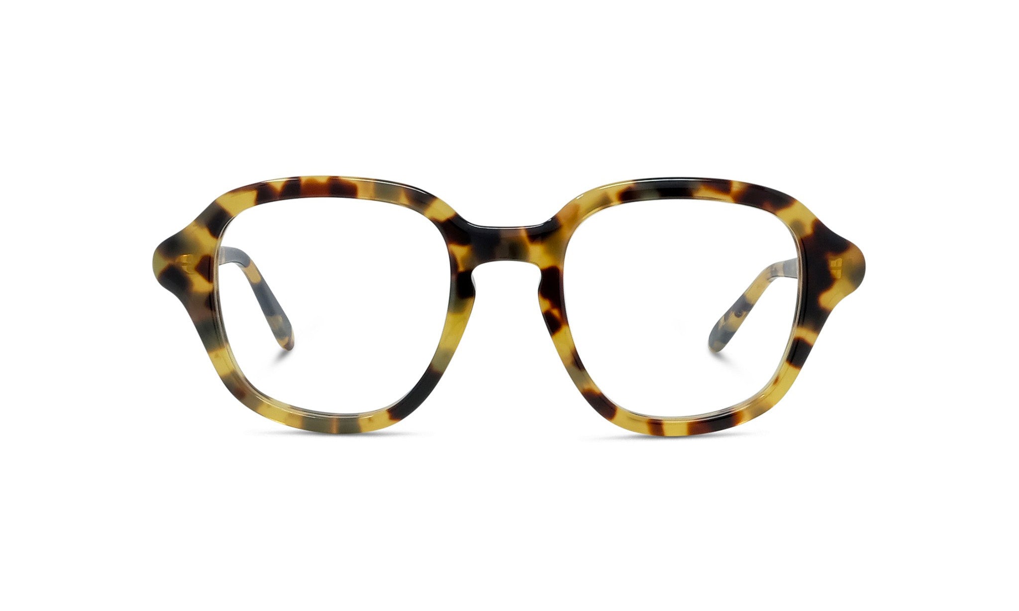 A pair of tortoiseshell-framed glasses with a yellow and black color scheme.