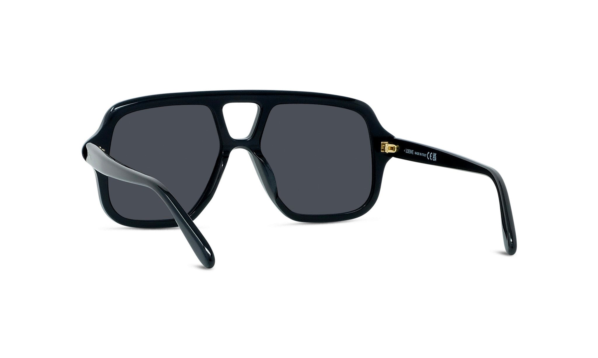 A pair of black sunglasses with dark lenses.