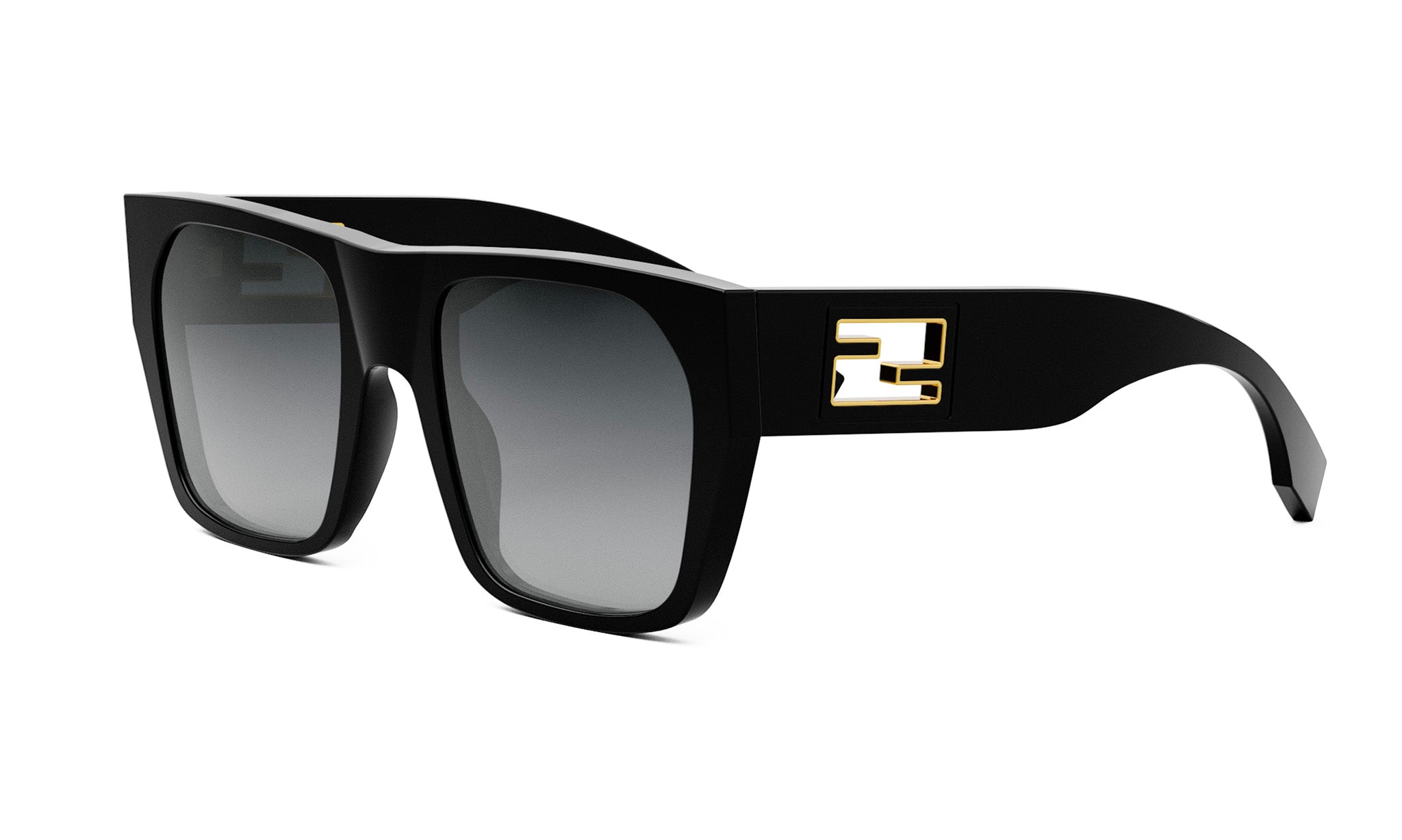 A pair of black sunglasses with a gold logo on the frame.