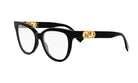 A pair of black cat-eye framed glasses with gold accents.