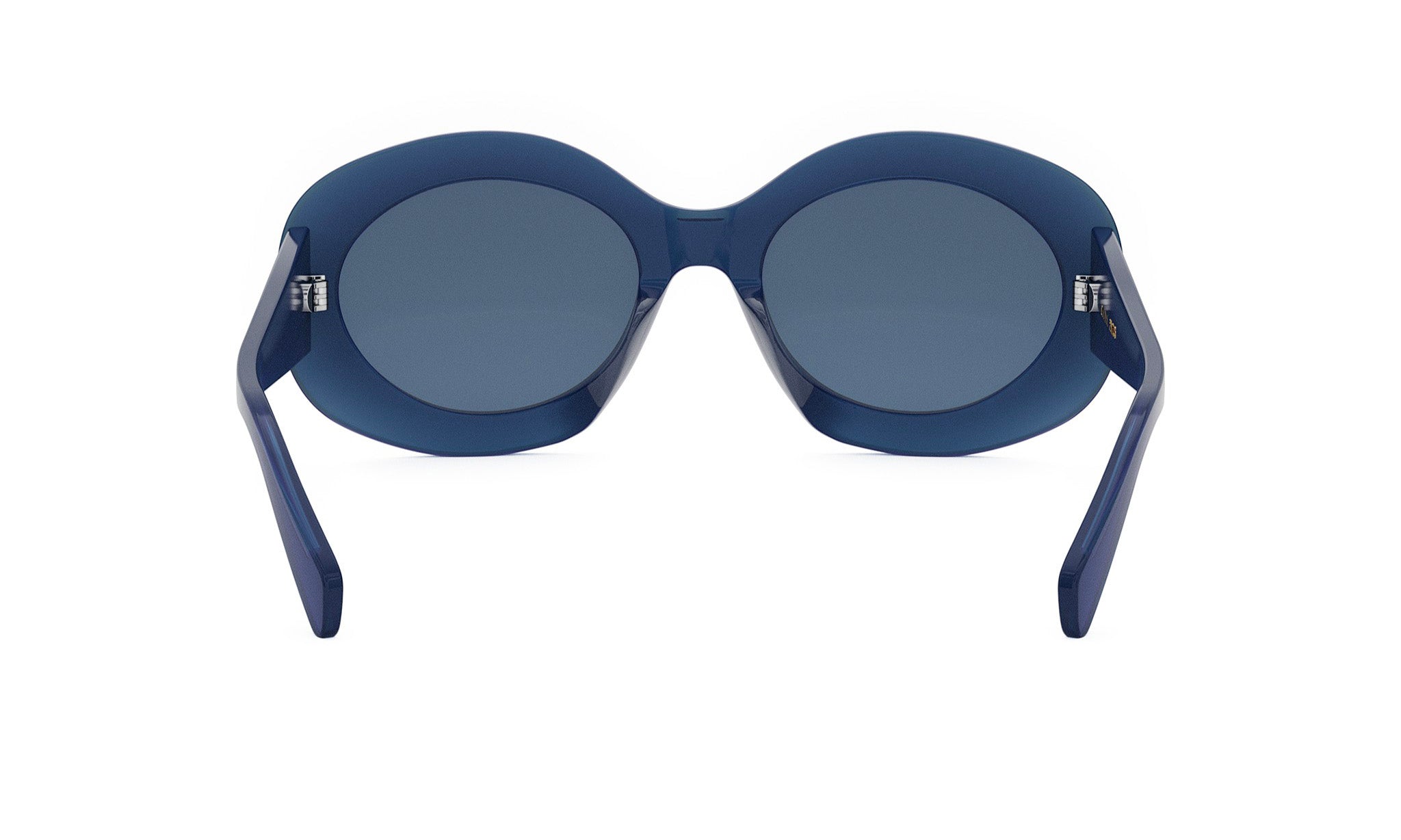 A pair of blue-tinted sunglasses with dark blue lenses.