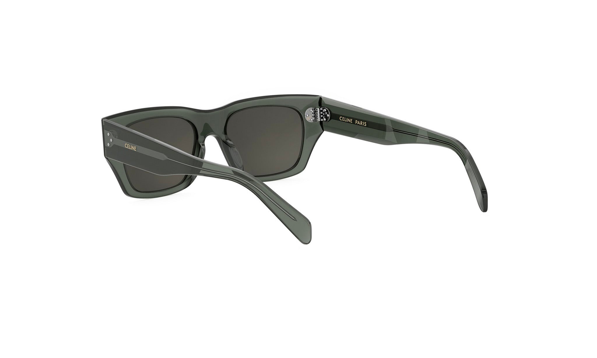 A pair of dark green sunglasses with a sleek, modern design.