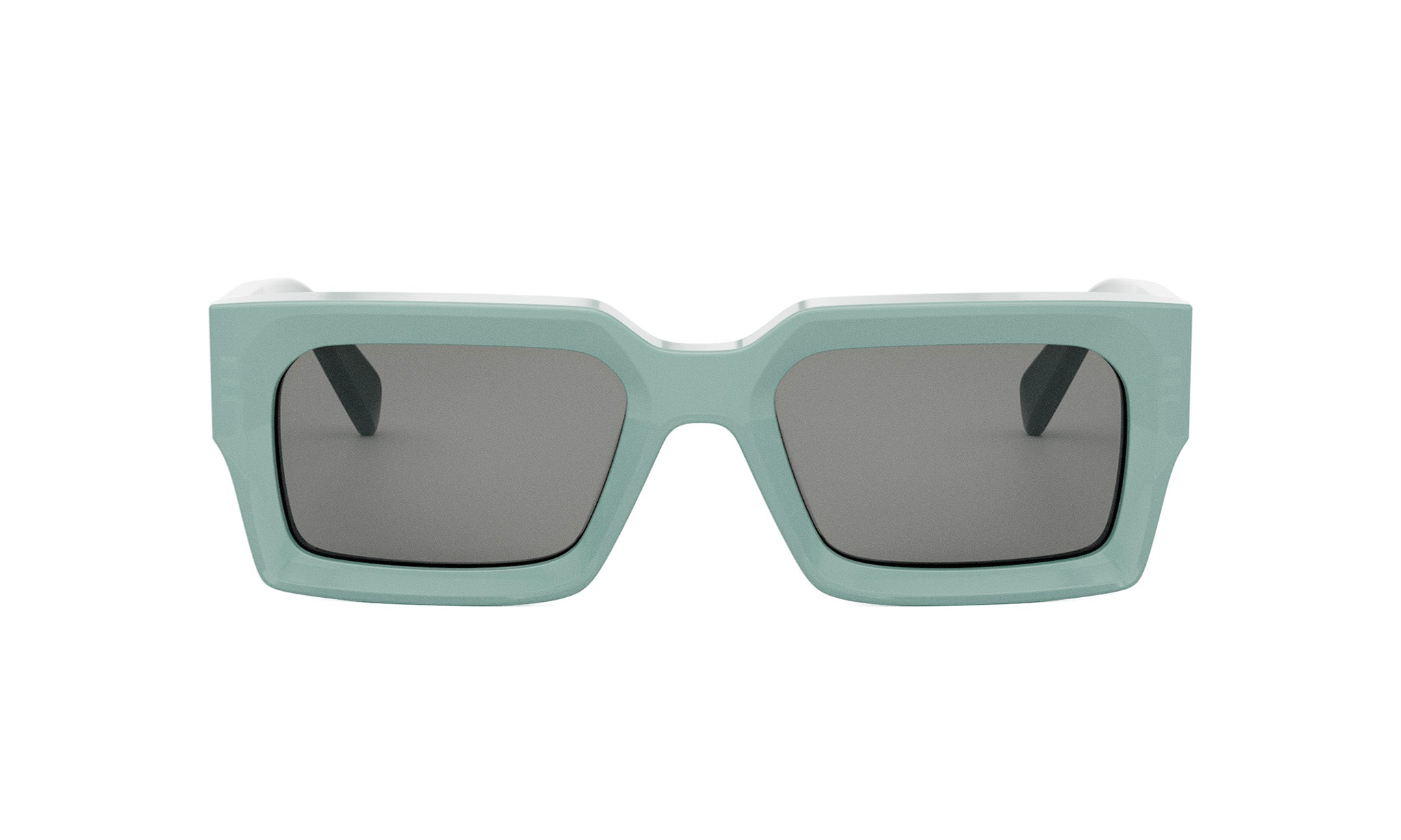 A pair of green-framed sunglasses with dark lenses.