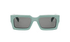 A pair of green-framed sunglasses with dark lenses.