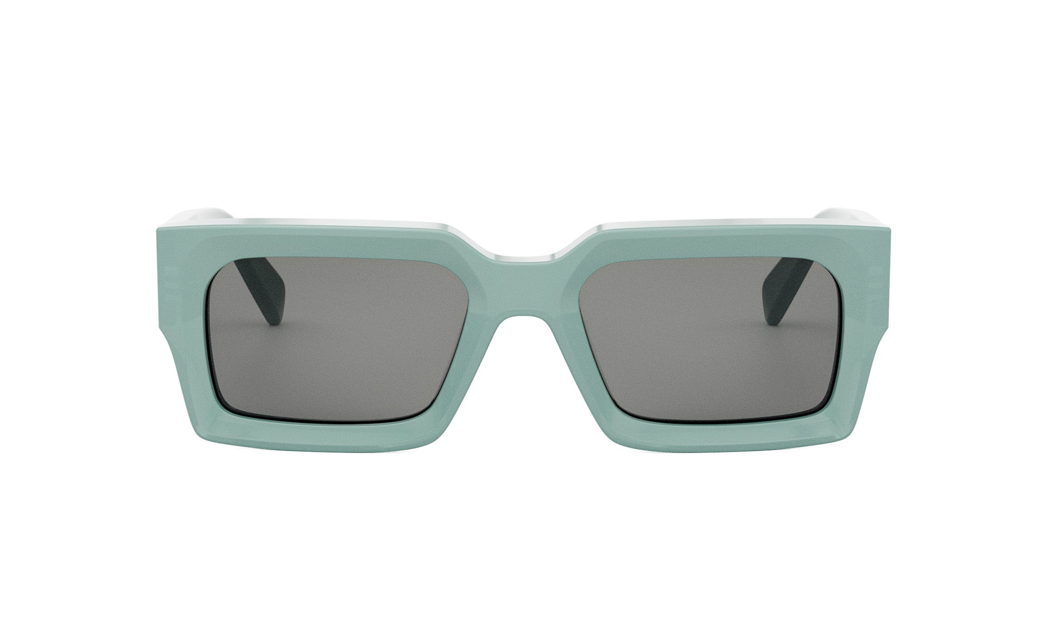 A pair of green-framed sunglasses with dark lenses.