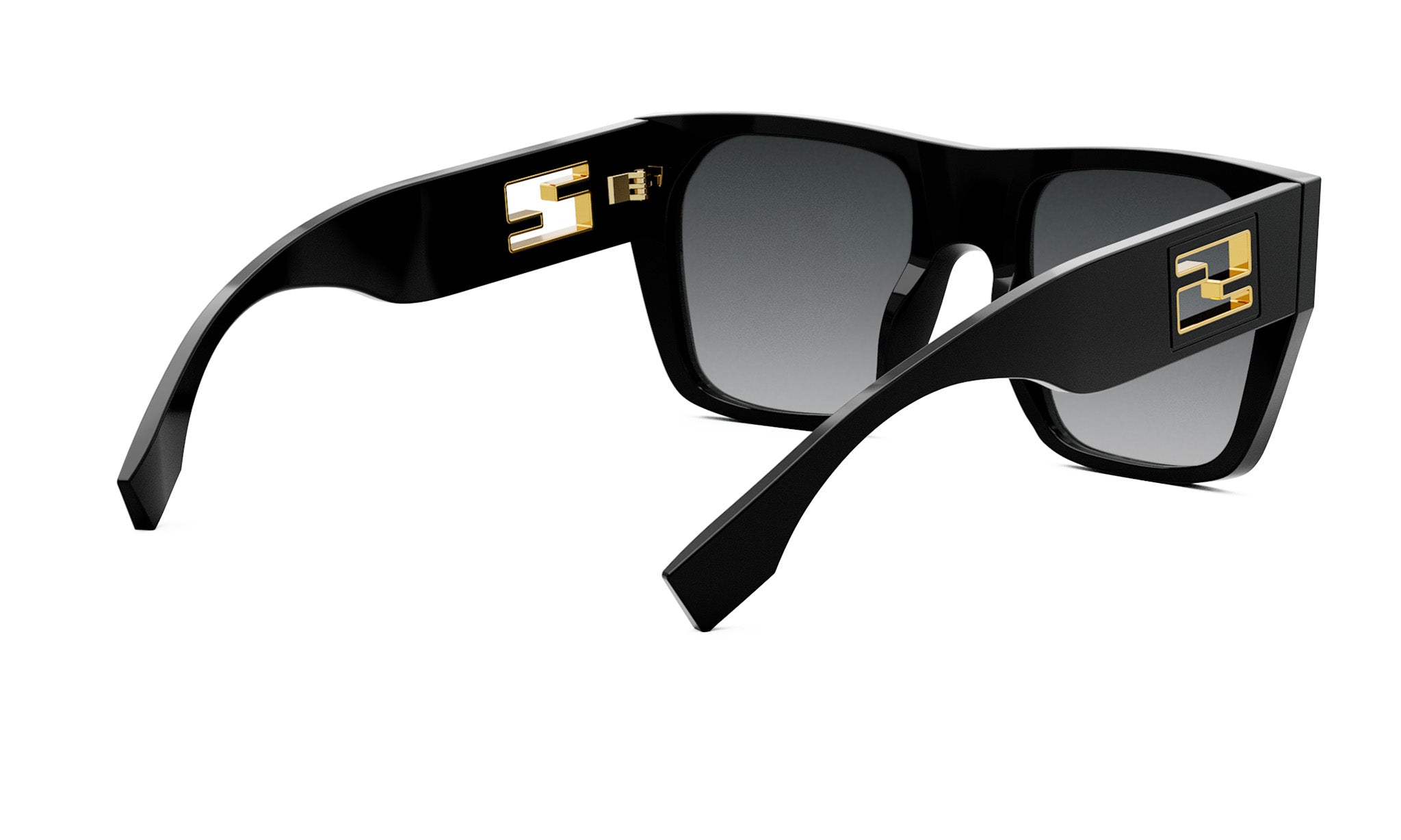 A pair of black sunglasses with gold accents, featuring the number "5" and "7" on the sides.