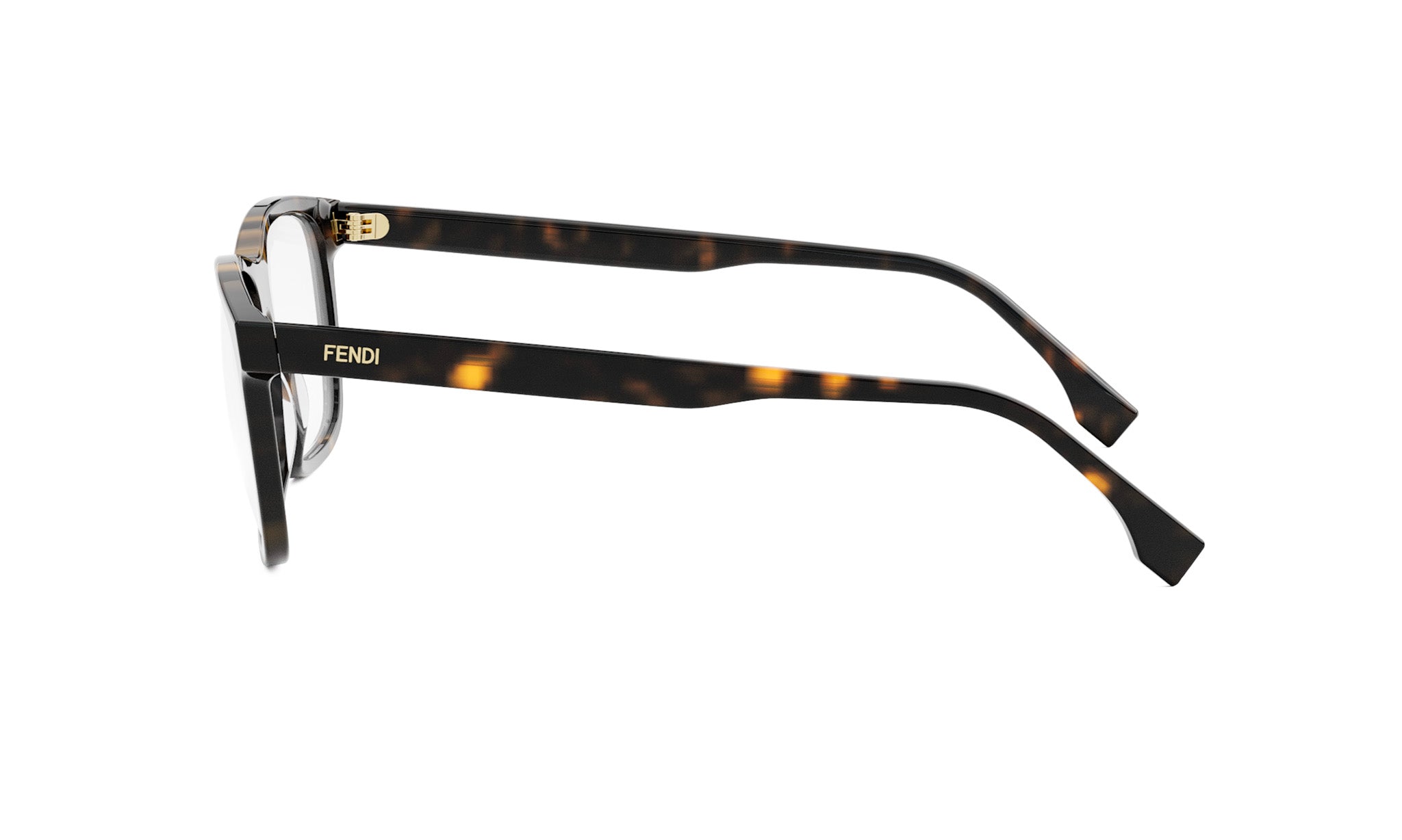 A pair of tortoiseshell-framed glasses with the Fendi logo visible on the frame.
