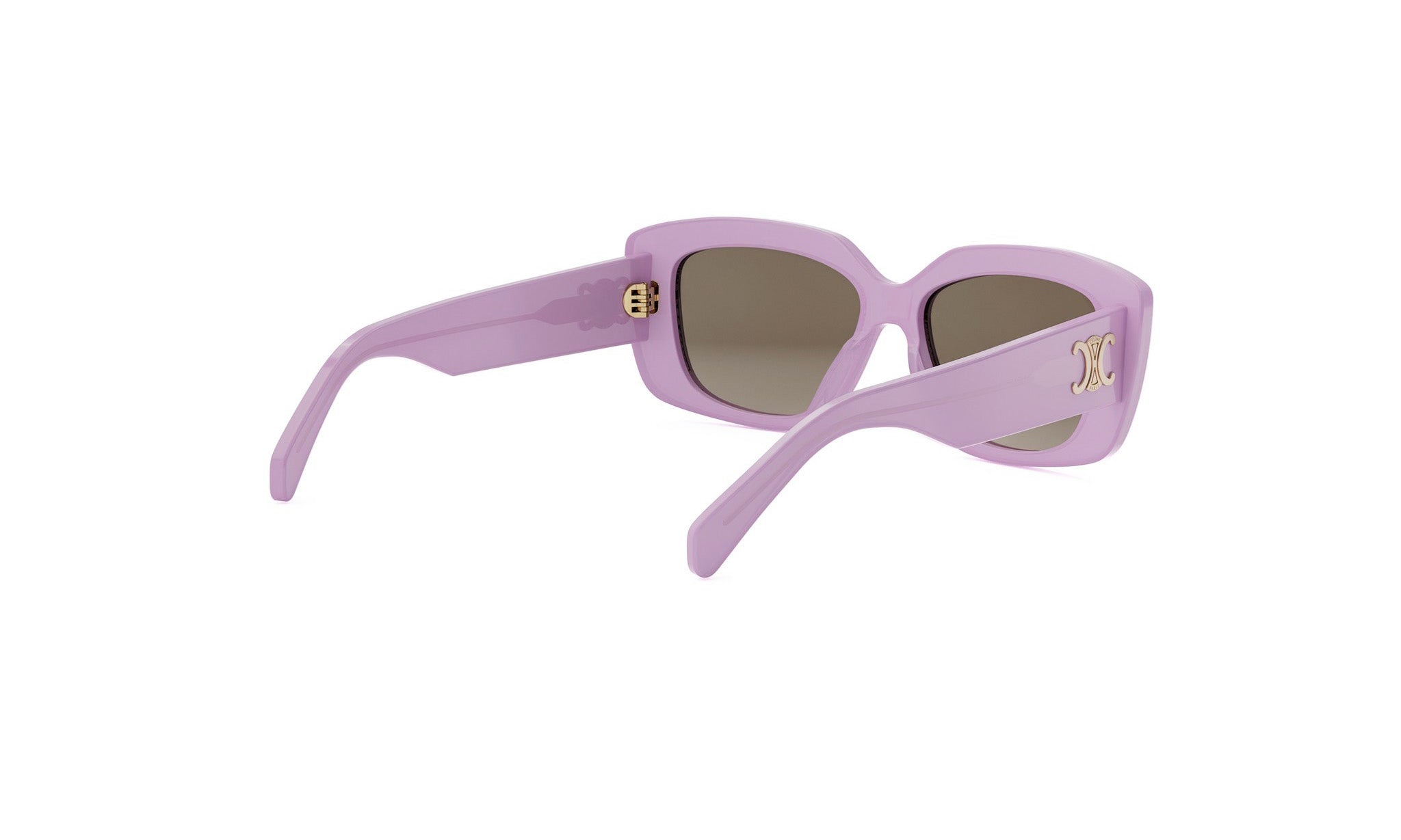 A pair of purple sunglasses with a gold logo on the frame.