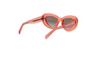 A pair of red, round sunglasses with a dark lens.
