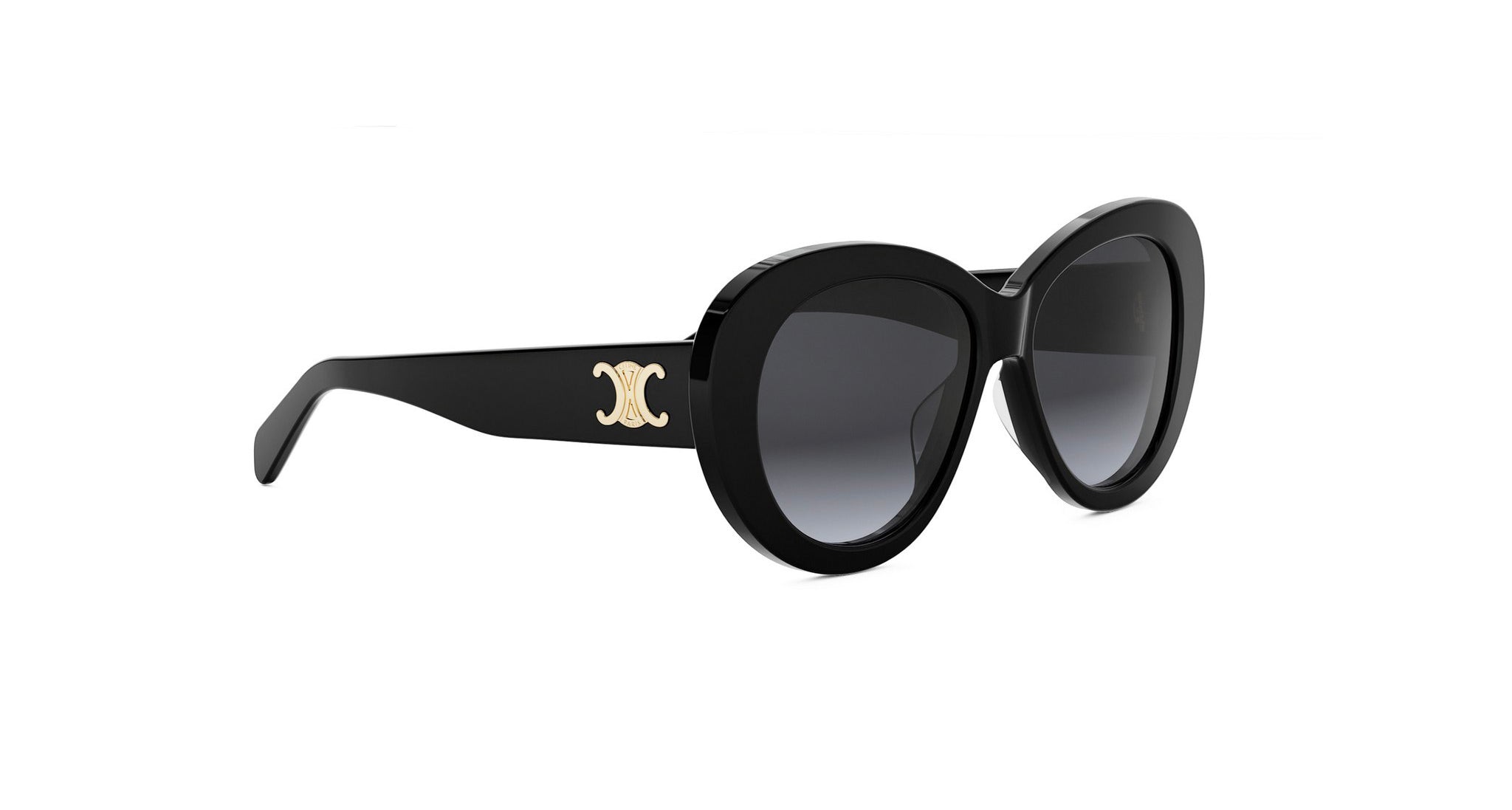 A pair of black sunglasses with a gold C logo on the frame.