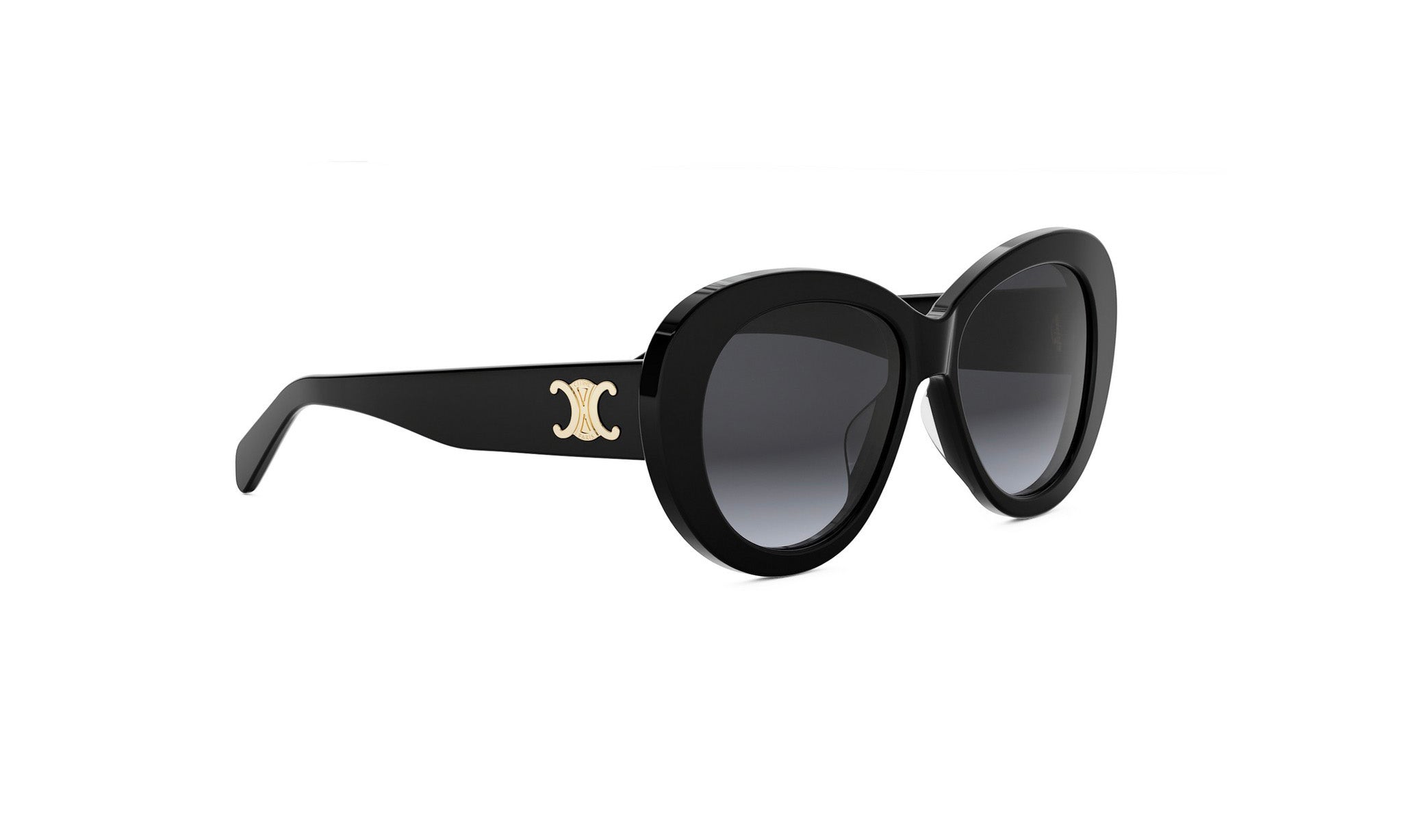 A pair of black sunglasses with a gold C logo on the frame.