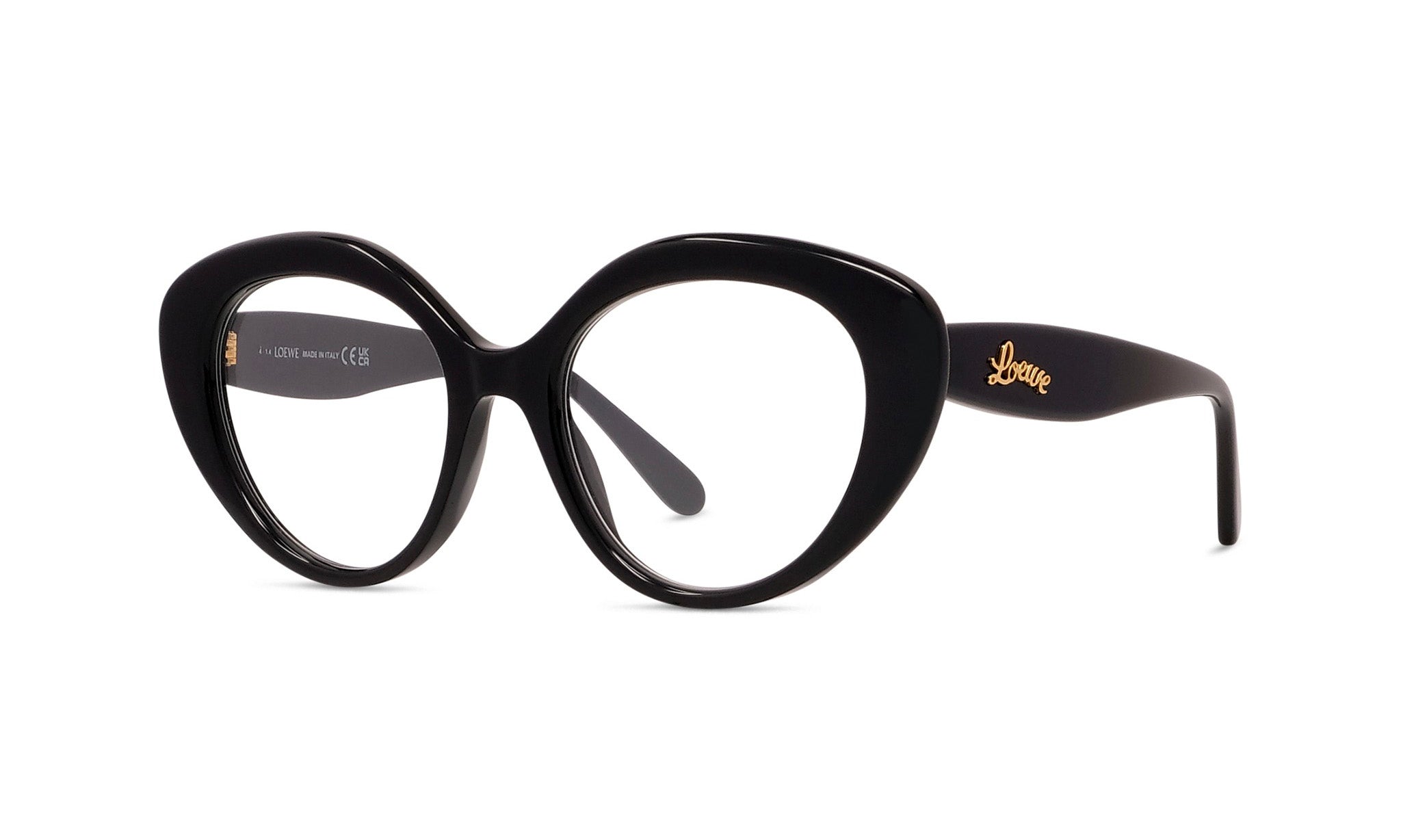 A pair of black cat-eye framed glasses with gold accents.