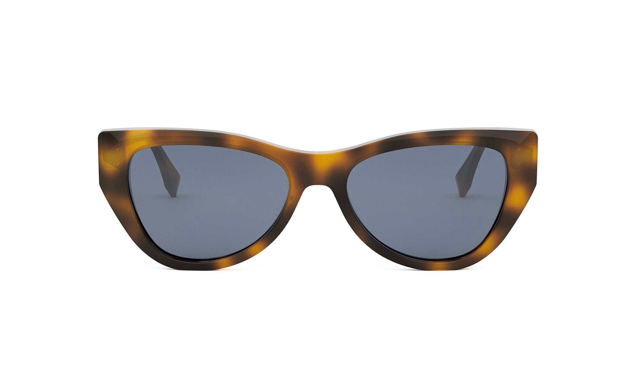 A pair of tortoiseshell cat-eye sunglasses with dark blue lenses.