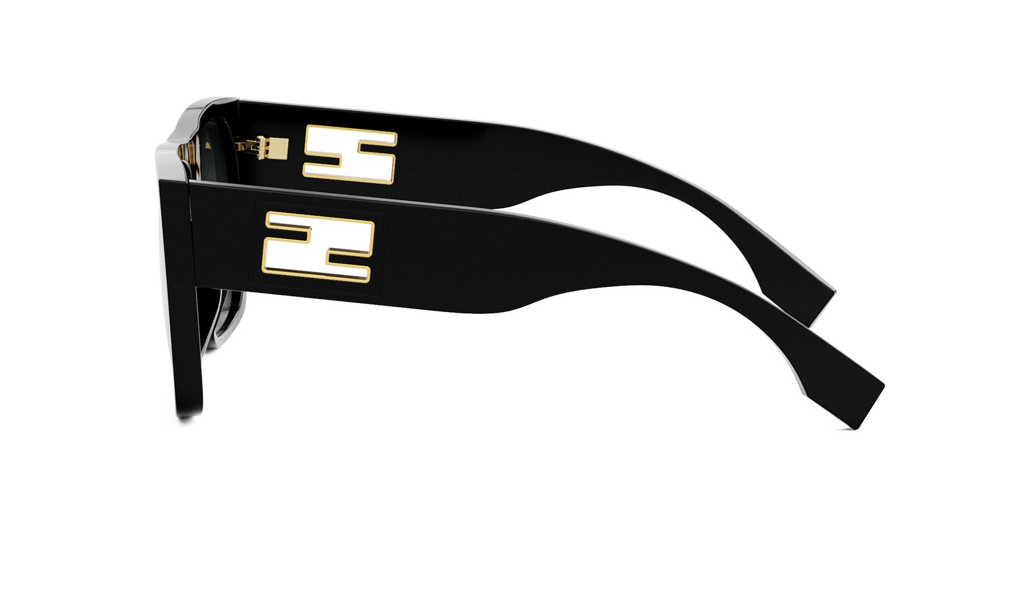 A pair of black sunglasses with gold accents, featuring a logo on the frame.
