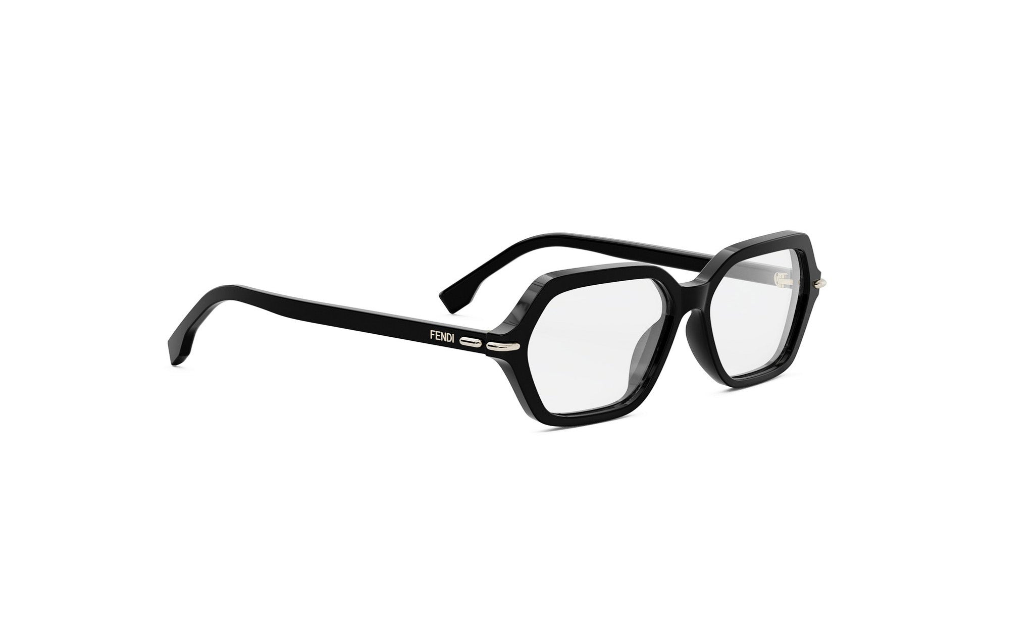 A pair of black-framed glasses with a modern, geometric design.