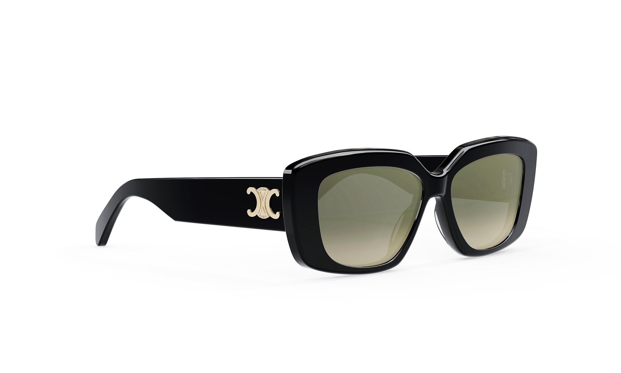 A pair of black sunglasses with a gold logo on the frame.