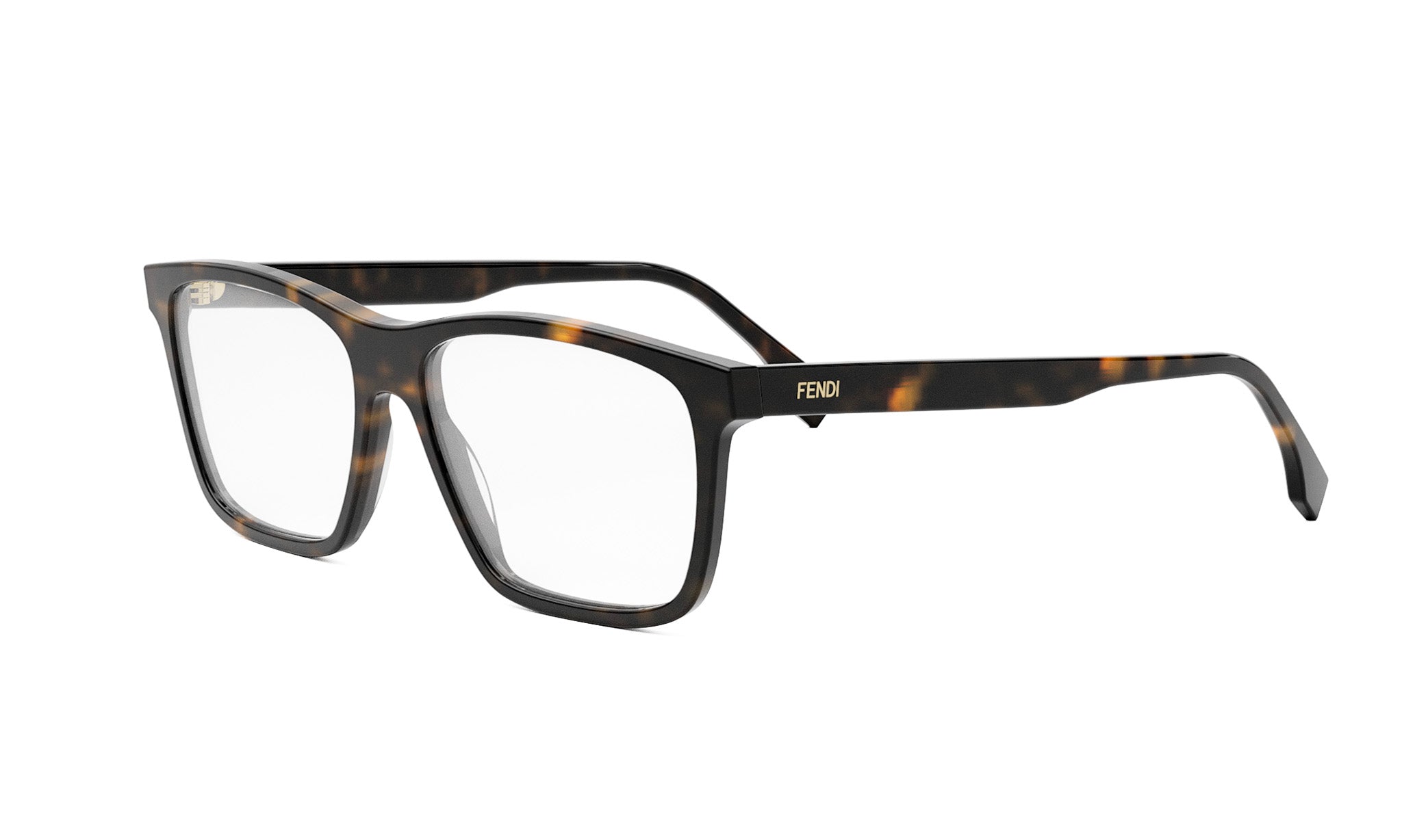 A pair of tortoiseshell-framed Fendi-branded eyeglasses against a white background.