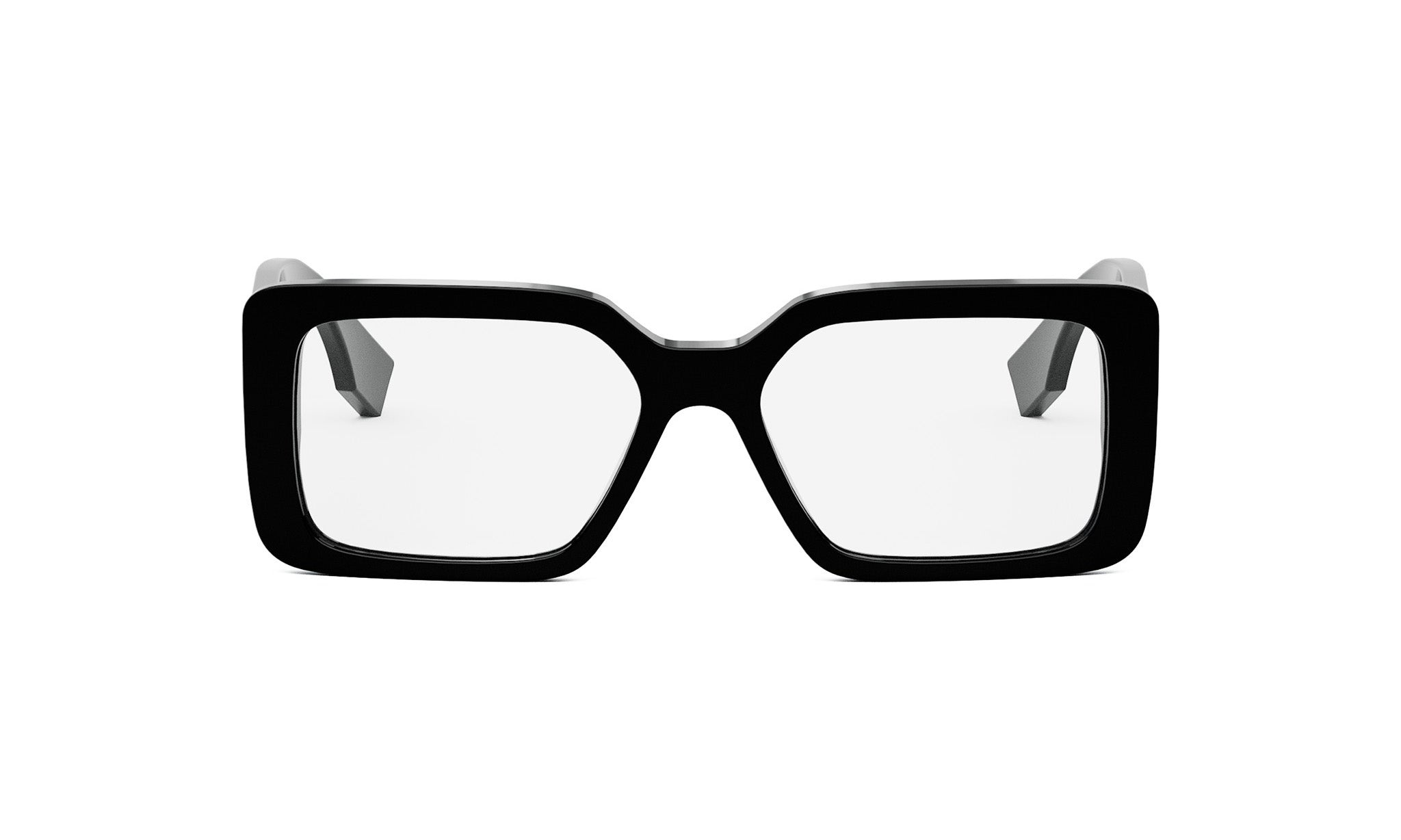 A pair of black-framed glasses with a square frame and clear lenses.