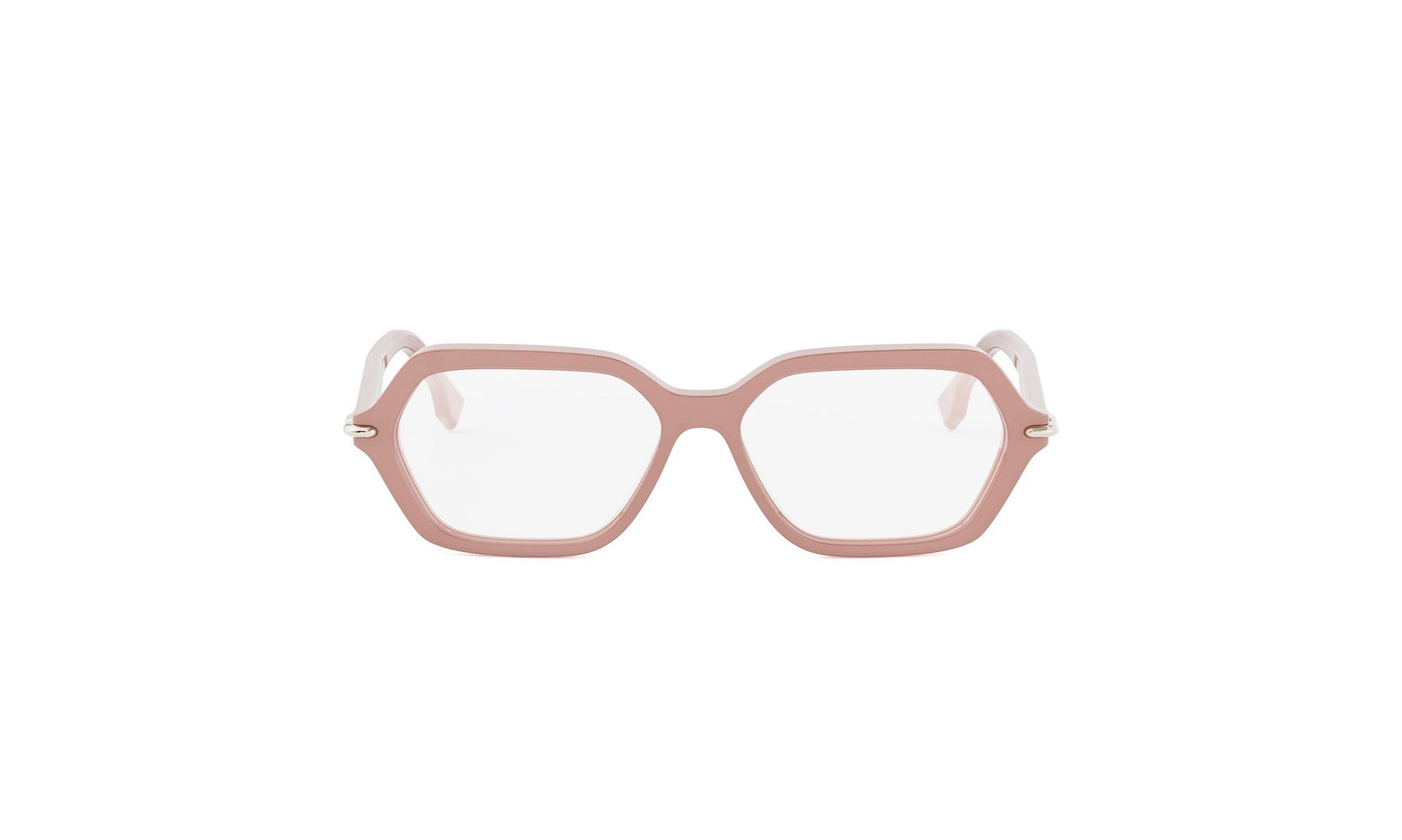 A pair of pink-framed glasses with clear lenses, set against a white background.