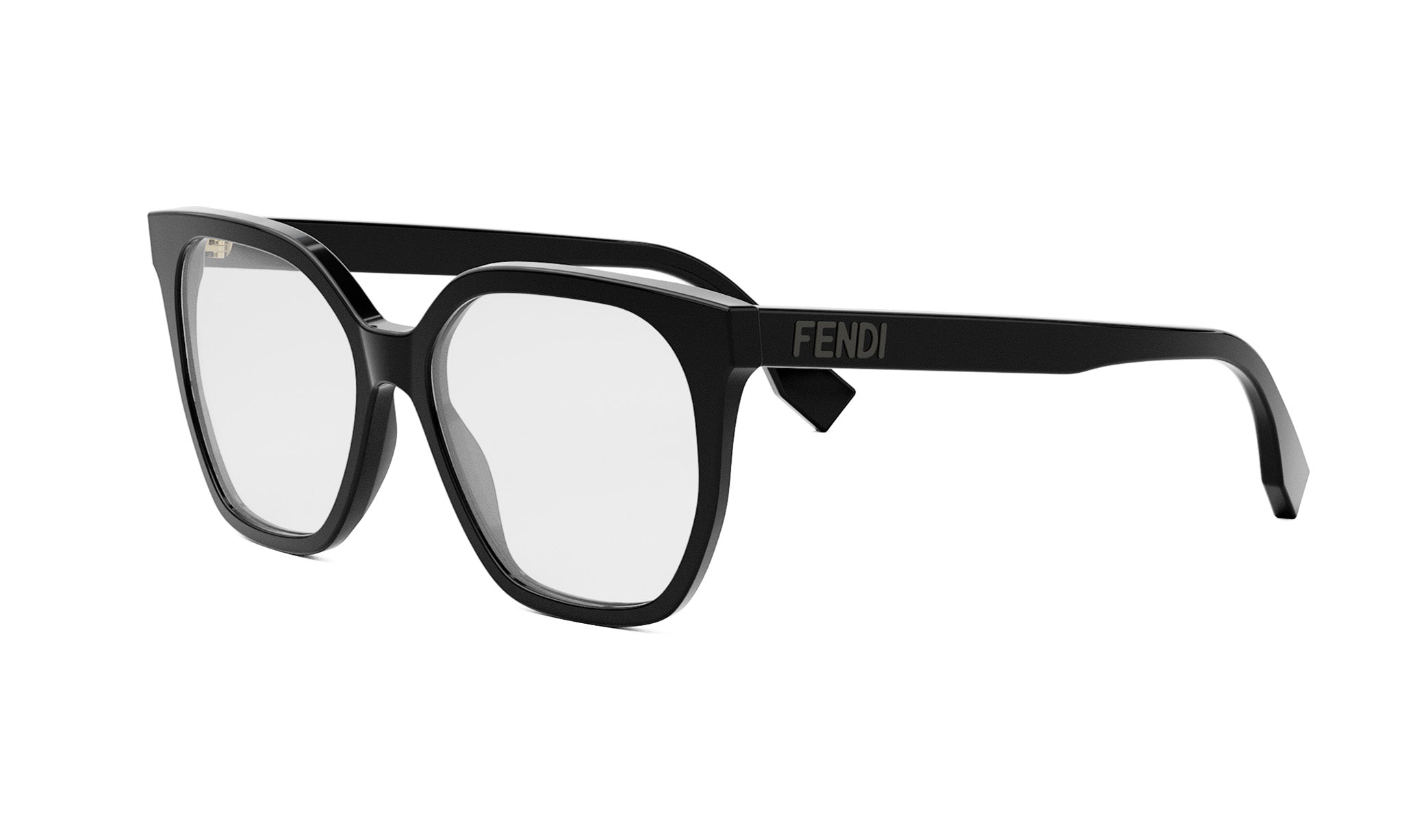 A pair of black Fendi-branded glasses with a sleek, modern design.