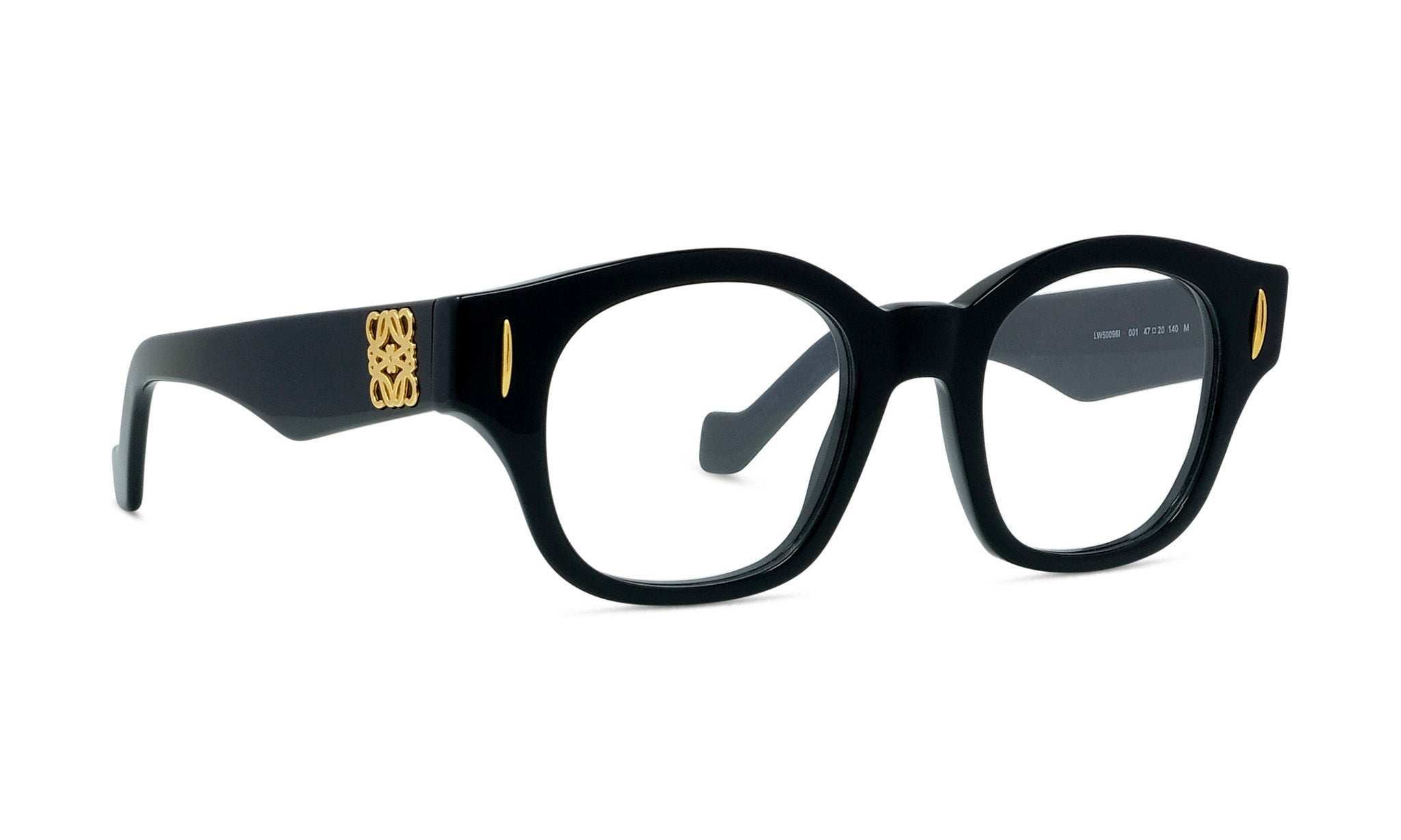 A pair of black-framed glasses with gold accents, featuring a gold logo on the side.