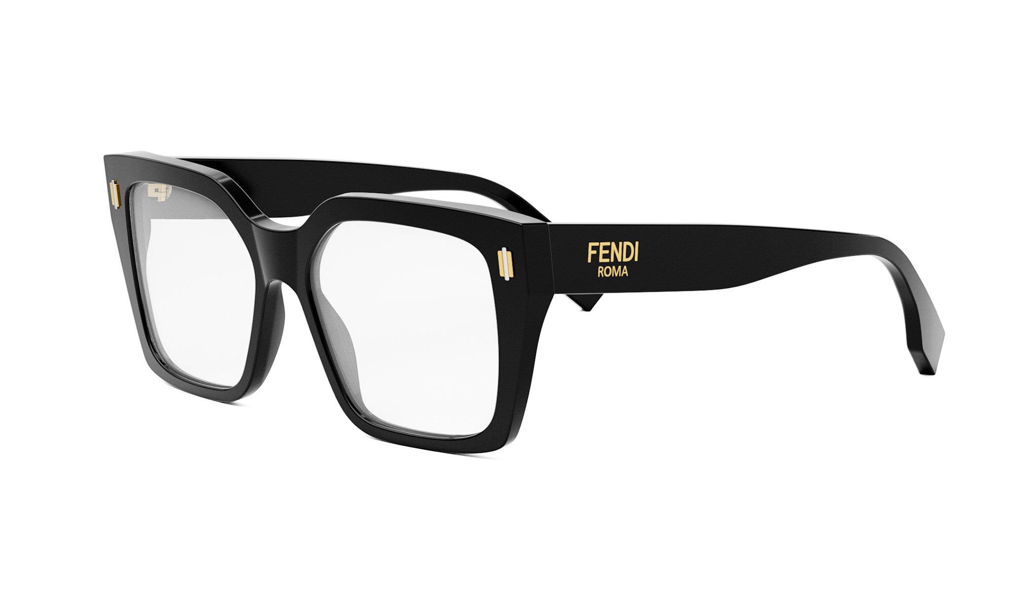 A pair of black Fendi-branded glasses with gold accents.