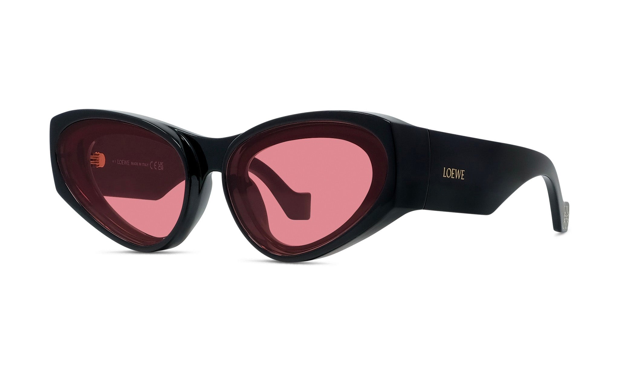 A pair of black cat-eye sunglasses with red lenses.