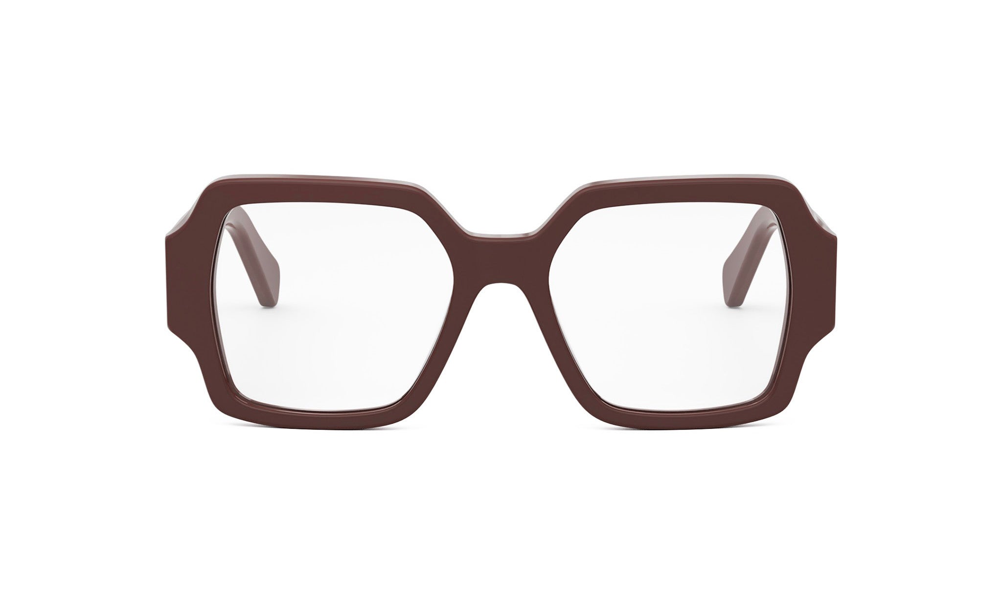A pair of brown-framed glasses with clear lenses, set against a white background.