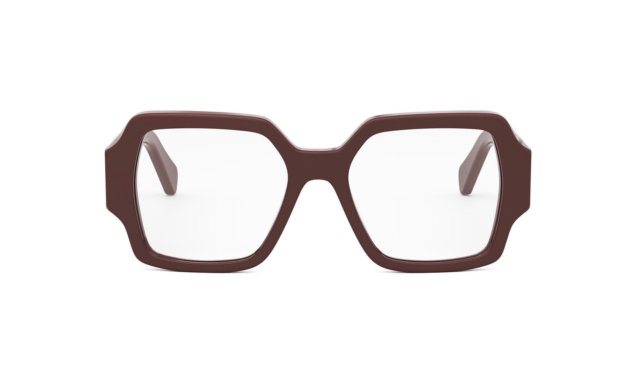 A pair of brown-framed glasses with clear lenses, set against a white background.