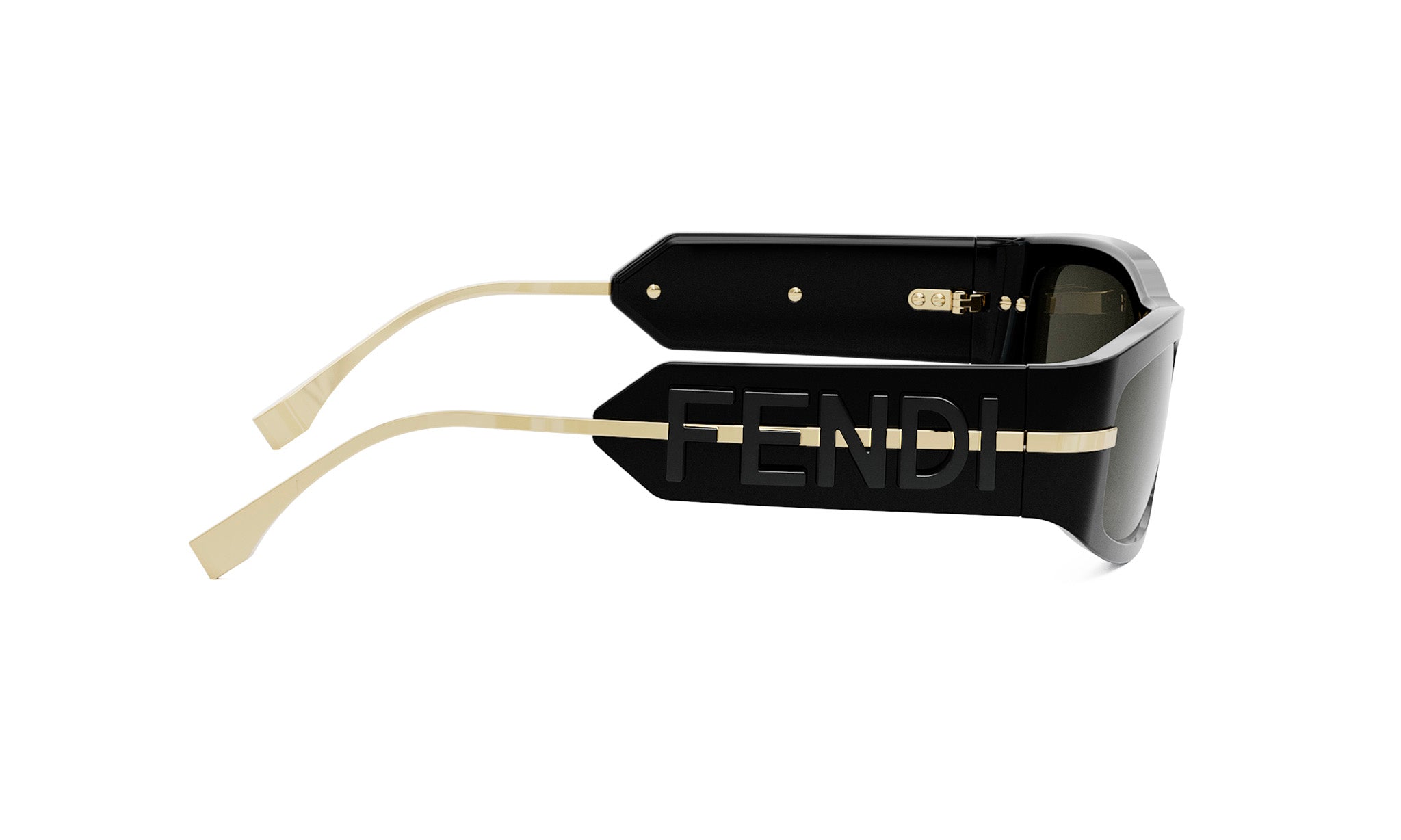 A pair of black sunglasses with gold accents and the Fendi logo prominently displayed on the frame.