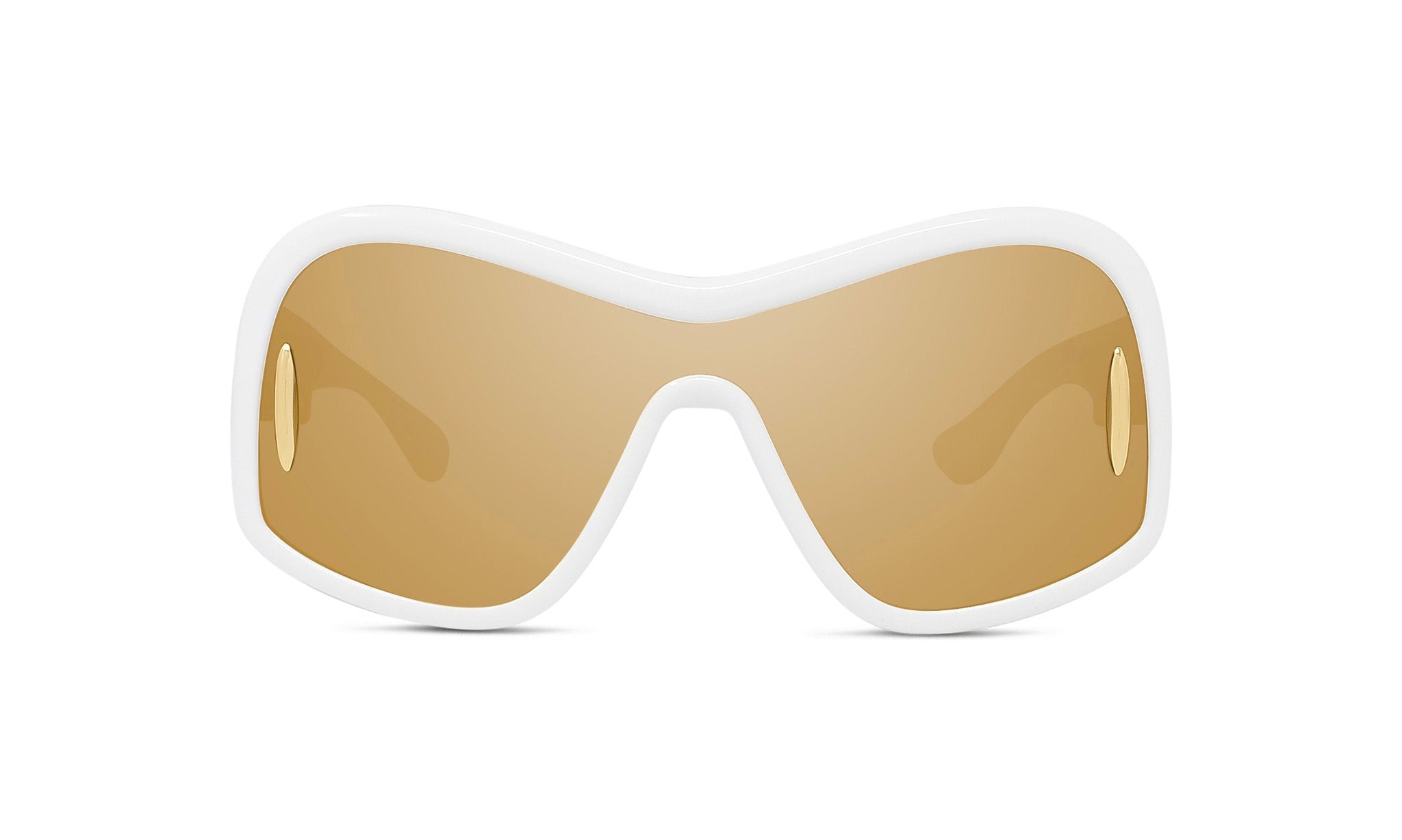 A pair of white and tan sunglasses with a unique, curved frame design.