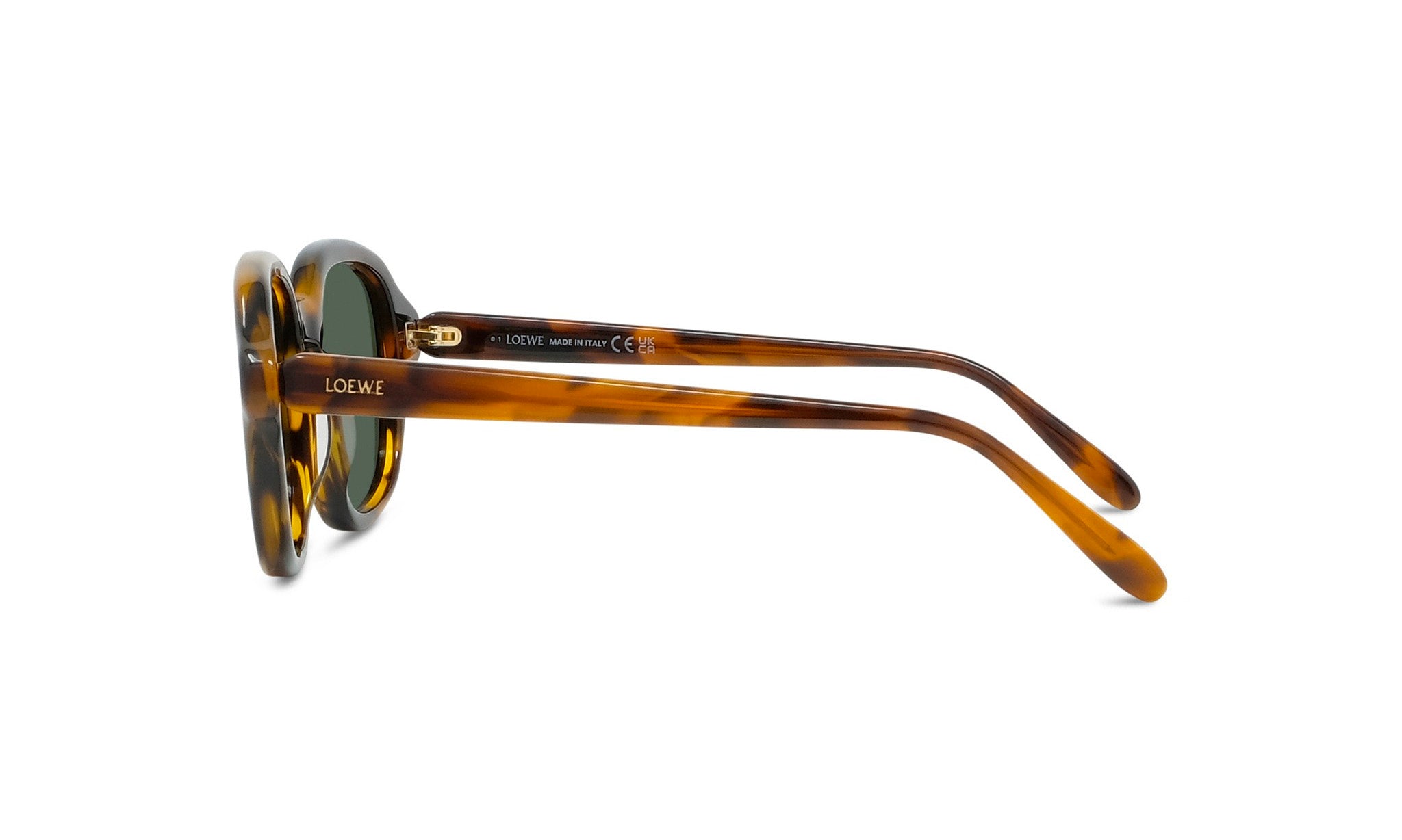 A pair of tortoiseshell sunglasses with the LESS THAN 500 characters logo visible on the frame.