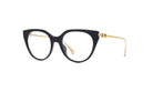 A pair of black cat-eye framed glasses with gold accents.