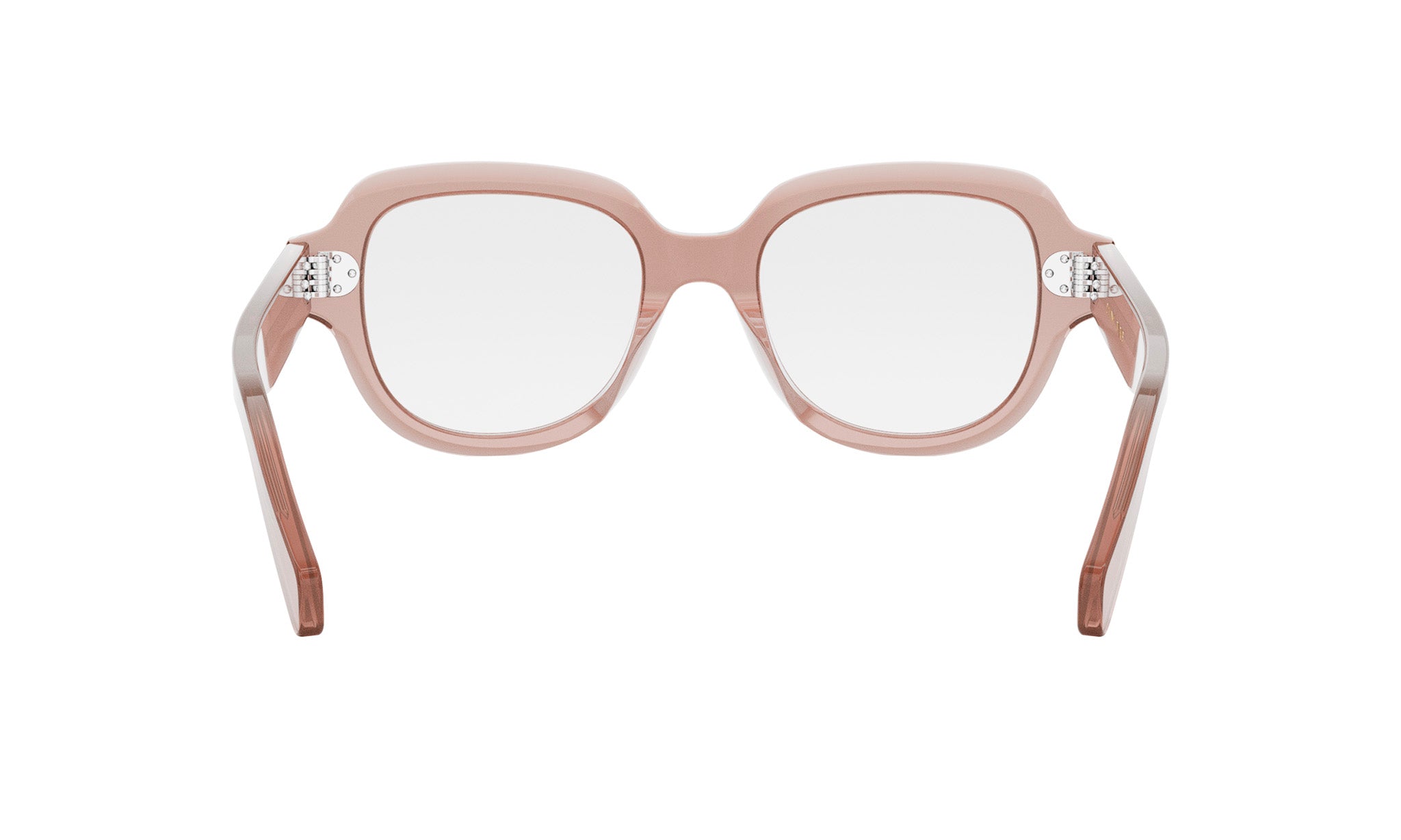 A pair of pink-tinted glasses with clear lenses, featuring a sleek and modern design.