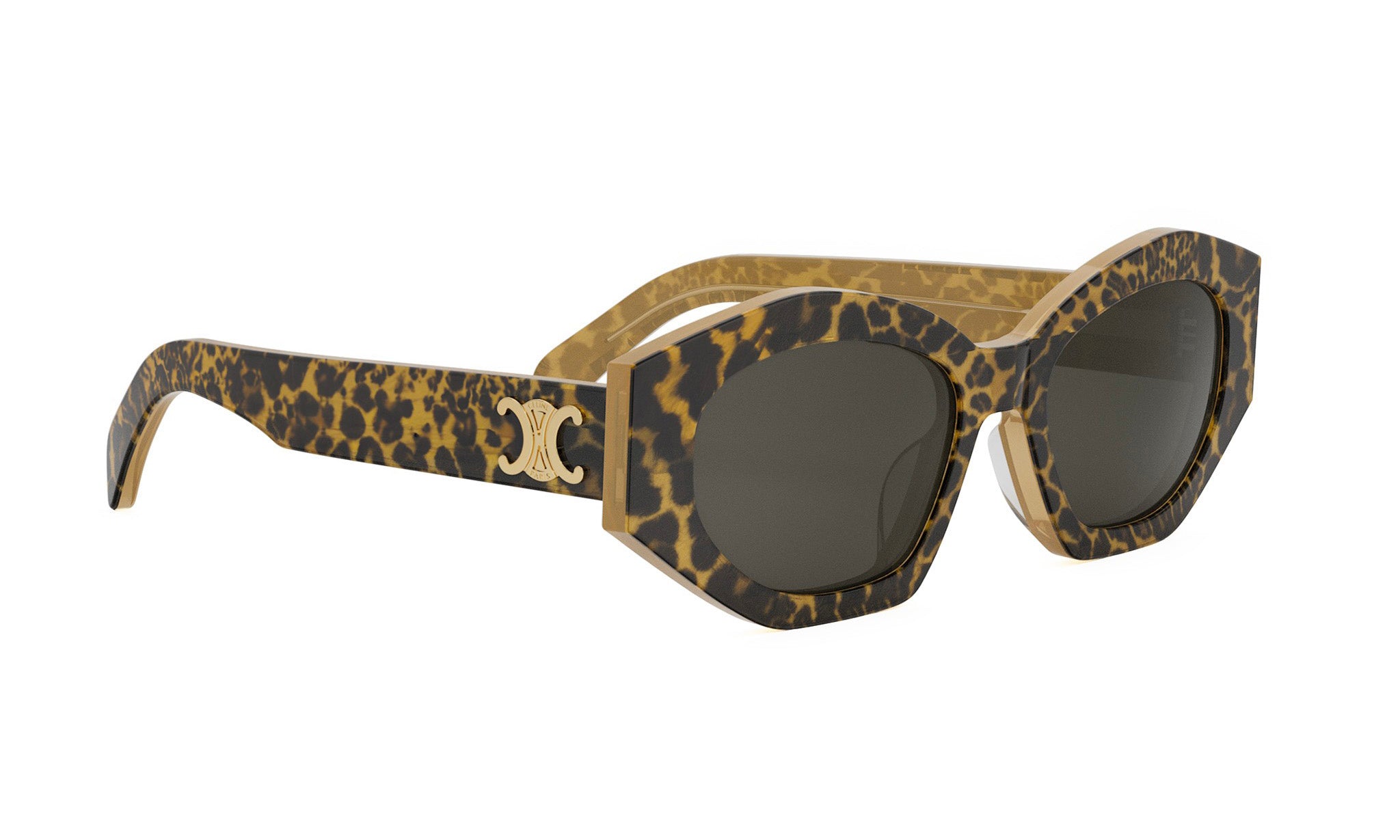 A pair of stylish sunglasses with a leopard print frame and dark lenses.