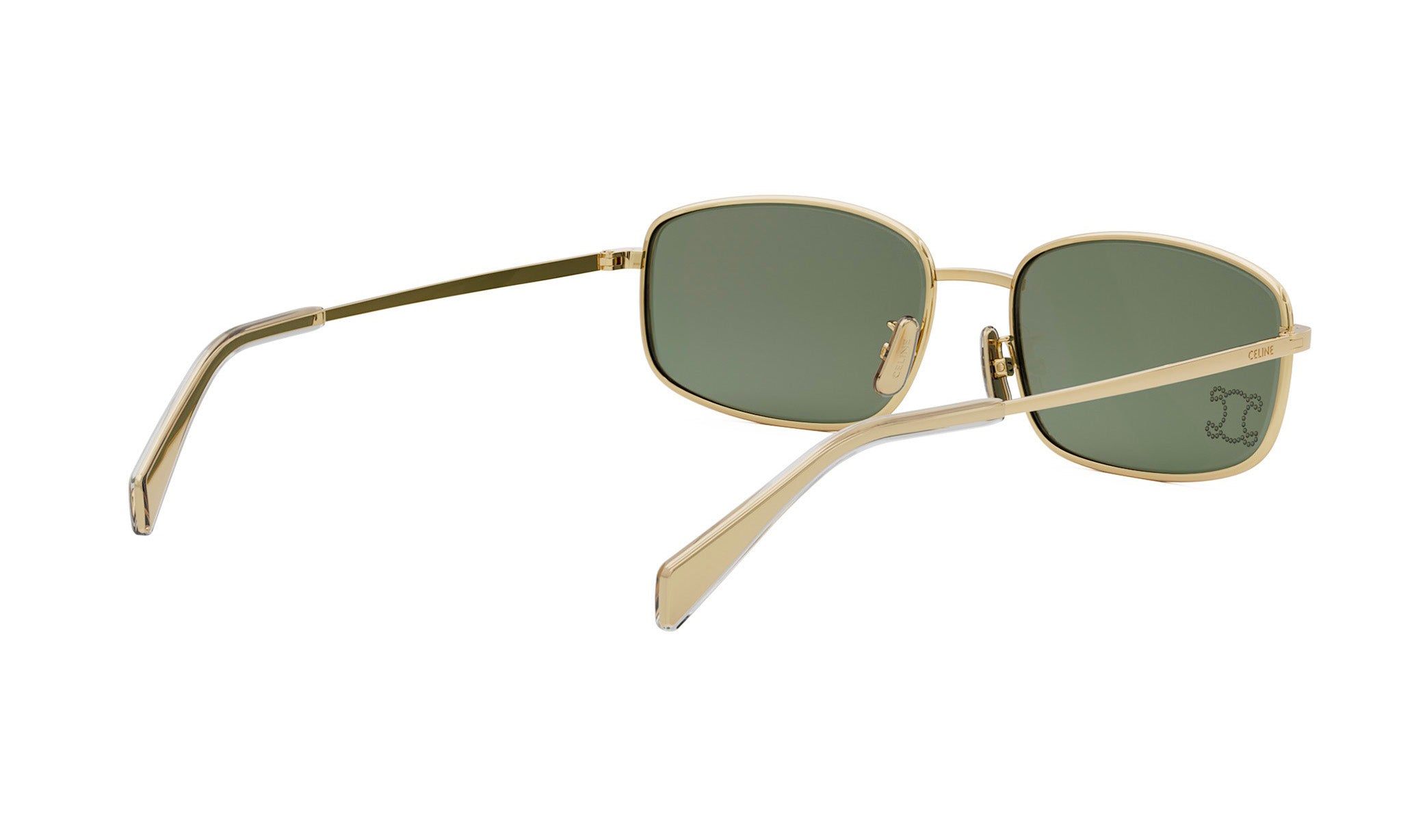 A pair of gold-colored sunglasses with dark green lenses.