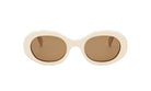 A pair of white oval-shaped sunglasses with brown lenses.