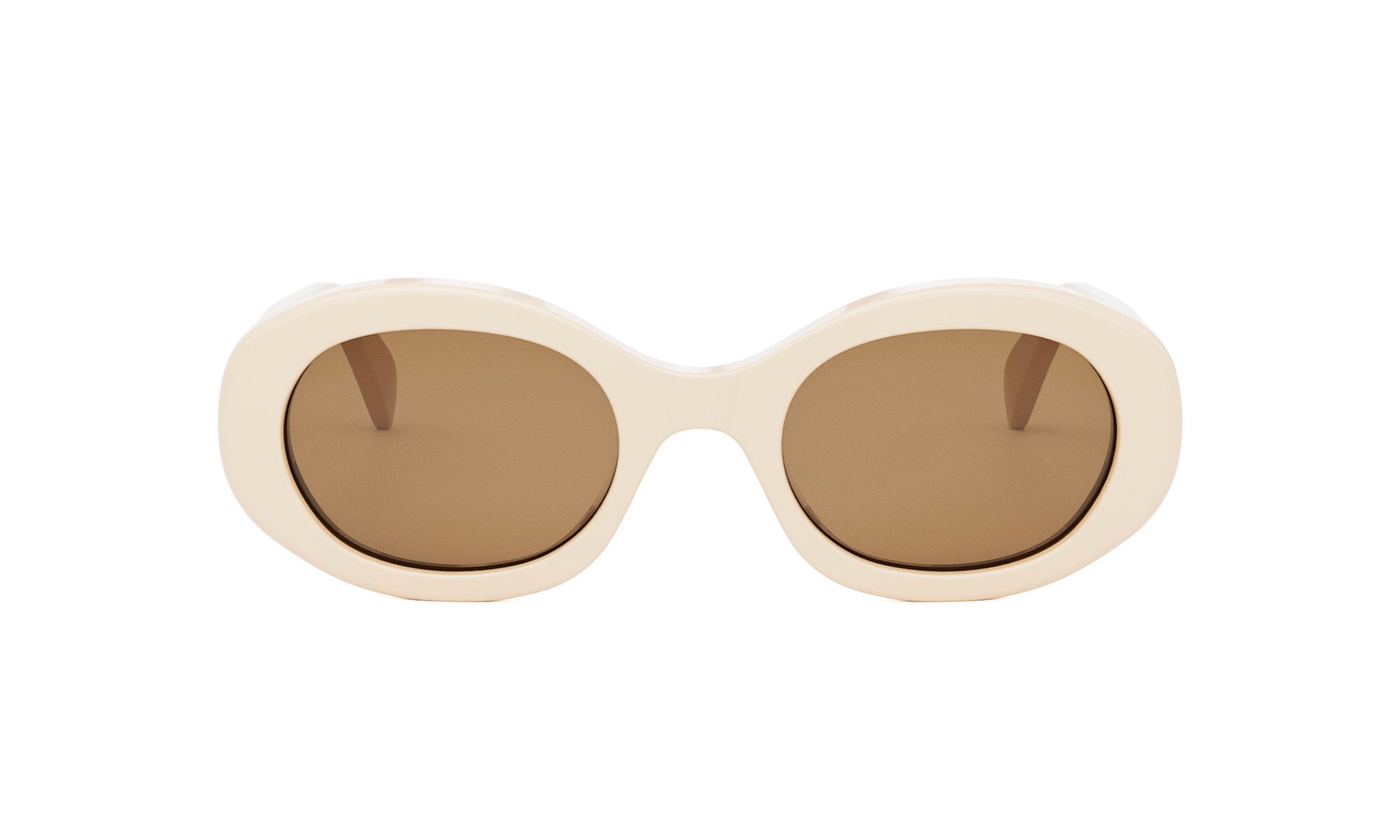 A pair of white oval-shaped sunglasses with brown lenses.