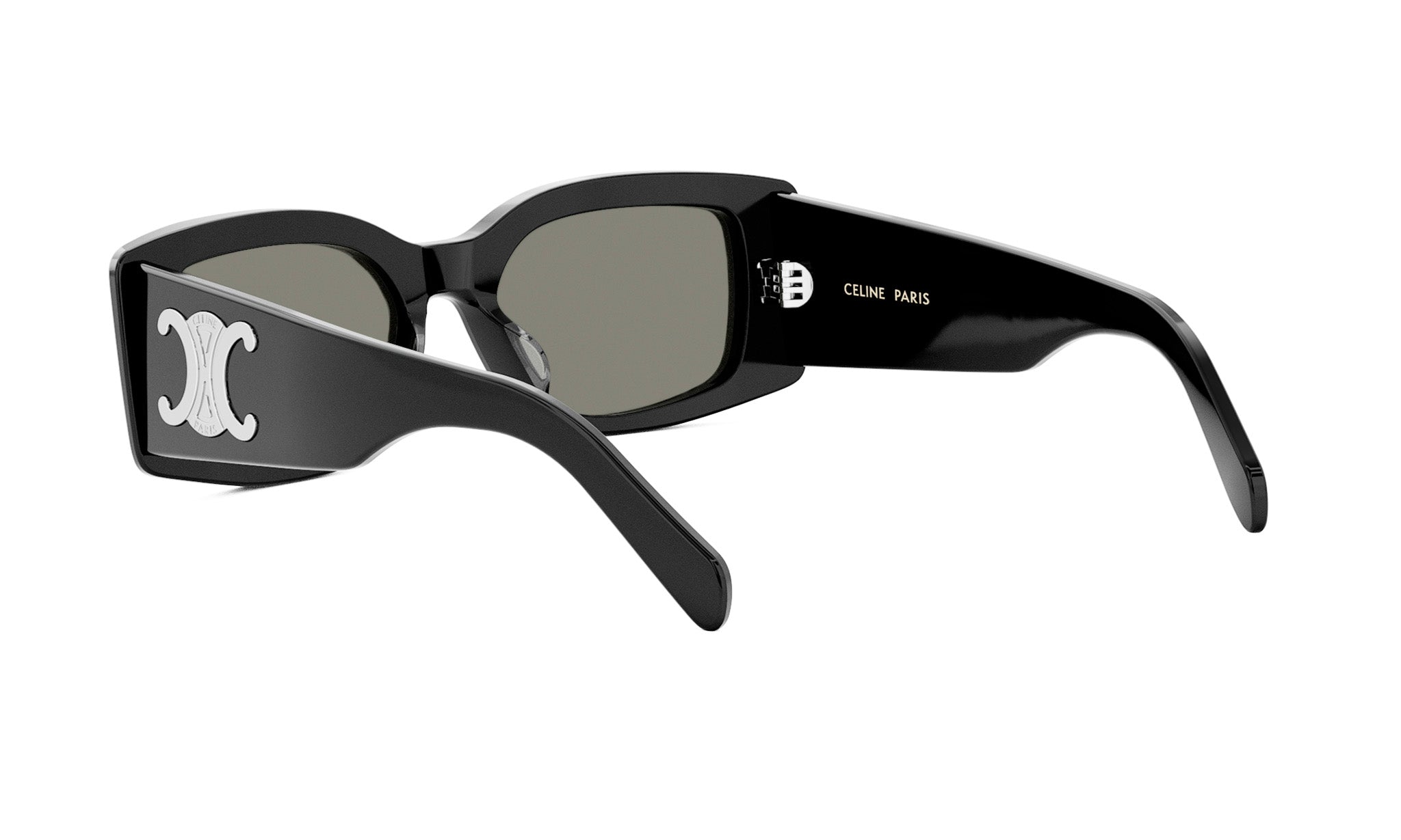 A pair of black sunglasses with a Celine Paris logo on the frame.