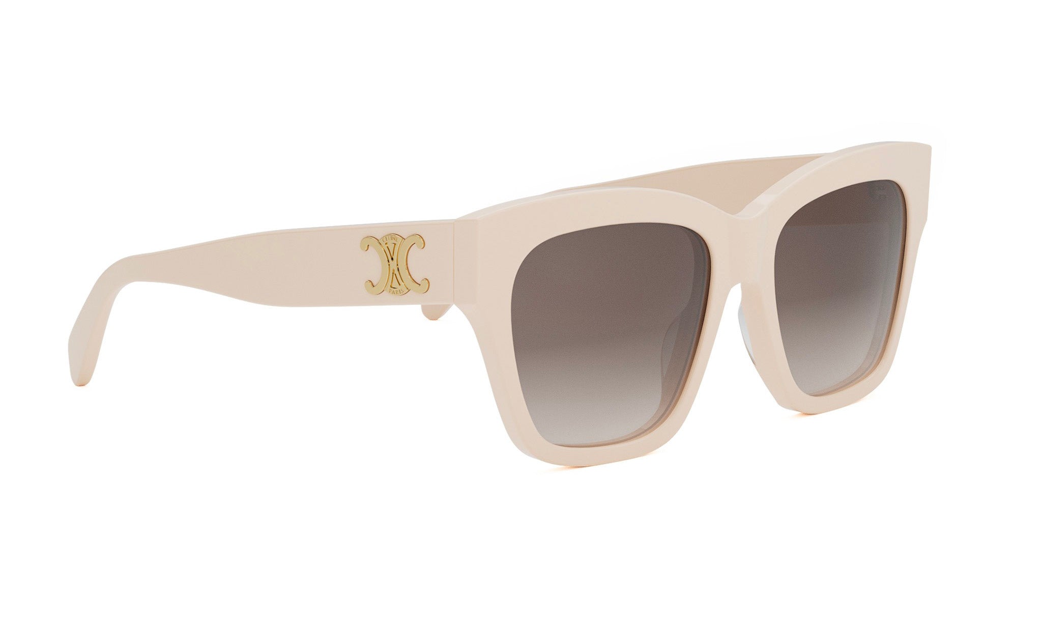 A pair of white sunglasses with a gold logo on the frame.