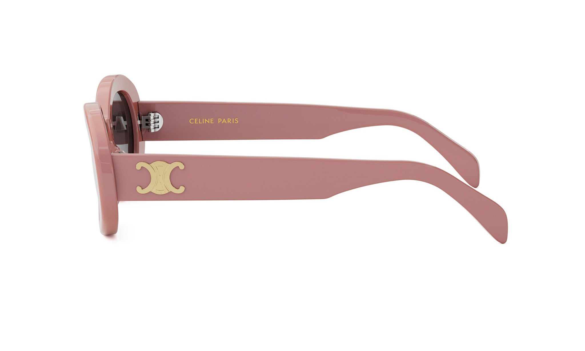 A pair of pink sunglasses with a gold Celine Paris logo on the frame.