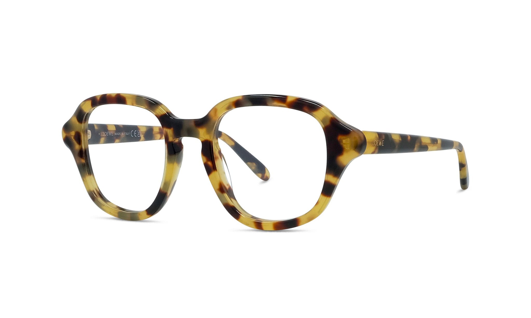 A pair of tortoiseshell-framed glasses with a yellow and black color scheme.