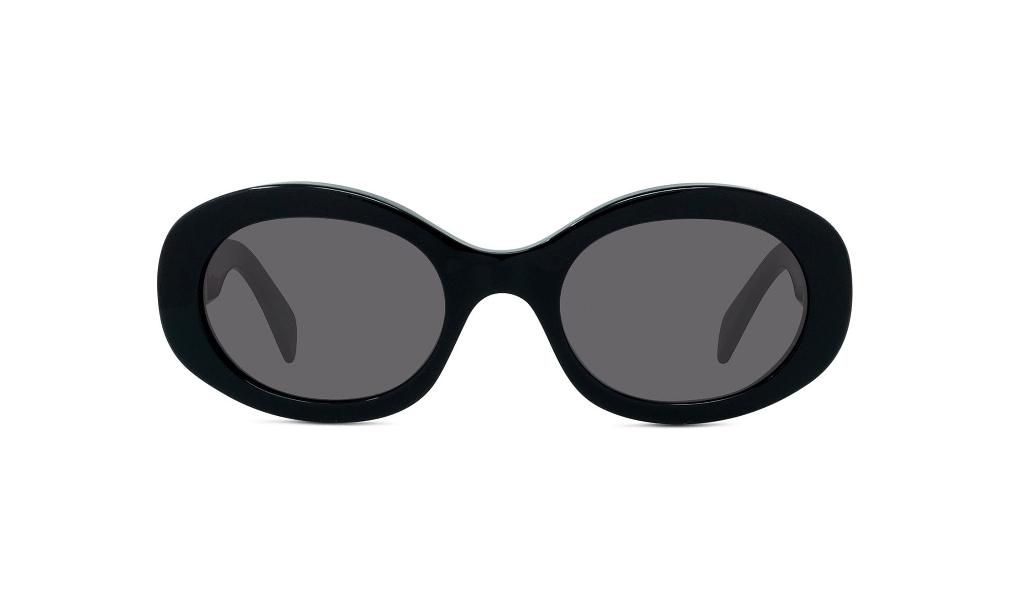 A pair of black oval-shaped sunglasses with dark lenses.