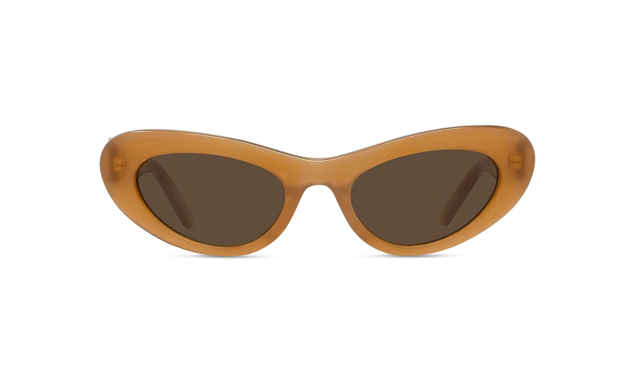 A pair of brown cat-eye sunglasses with dark lenses.